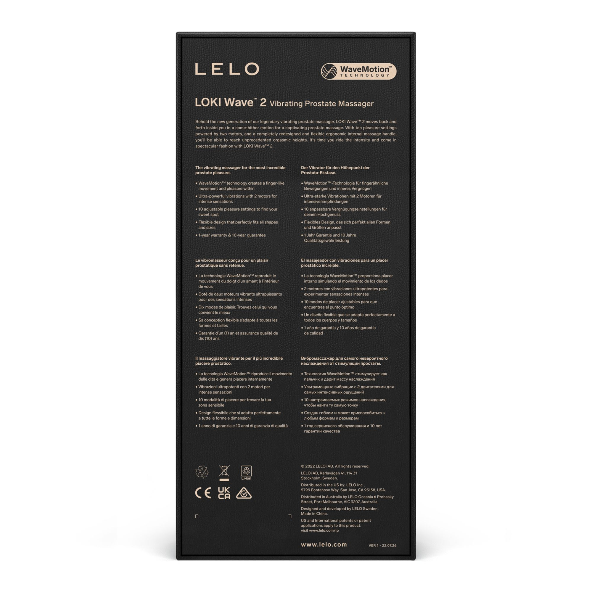 Parte trasera de un empaque negro del producto Lelo LOKI Wave 2 con descripciones multilingües.