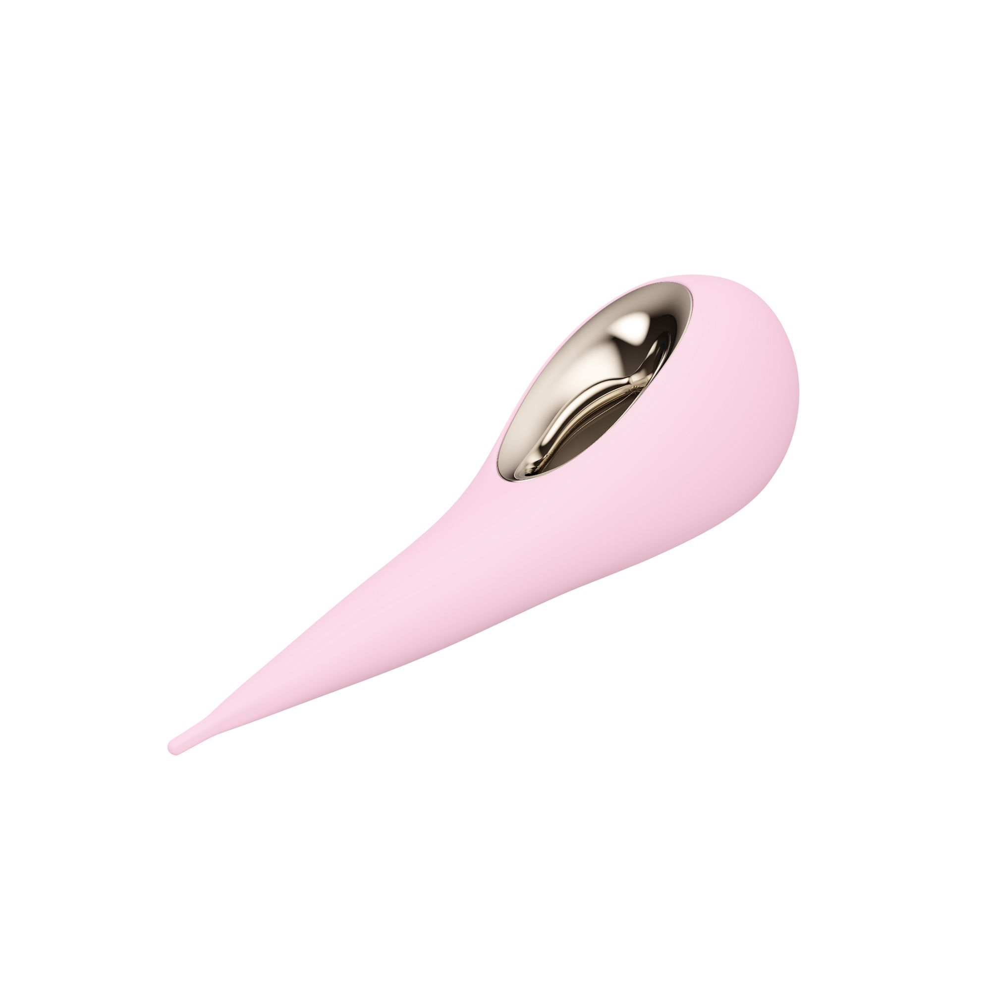Un dispositivo de bienestar rosa en forma de lágrima con abertura metálica dorada, inclinado sobre fondo blanco.