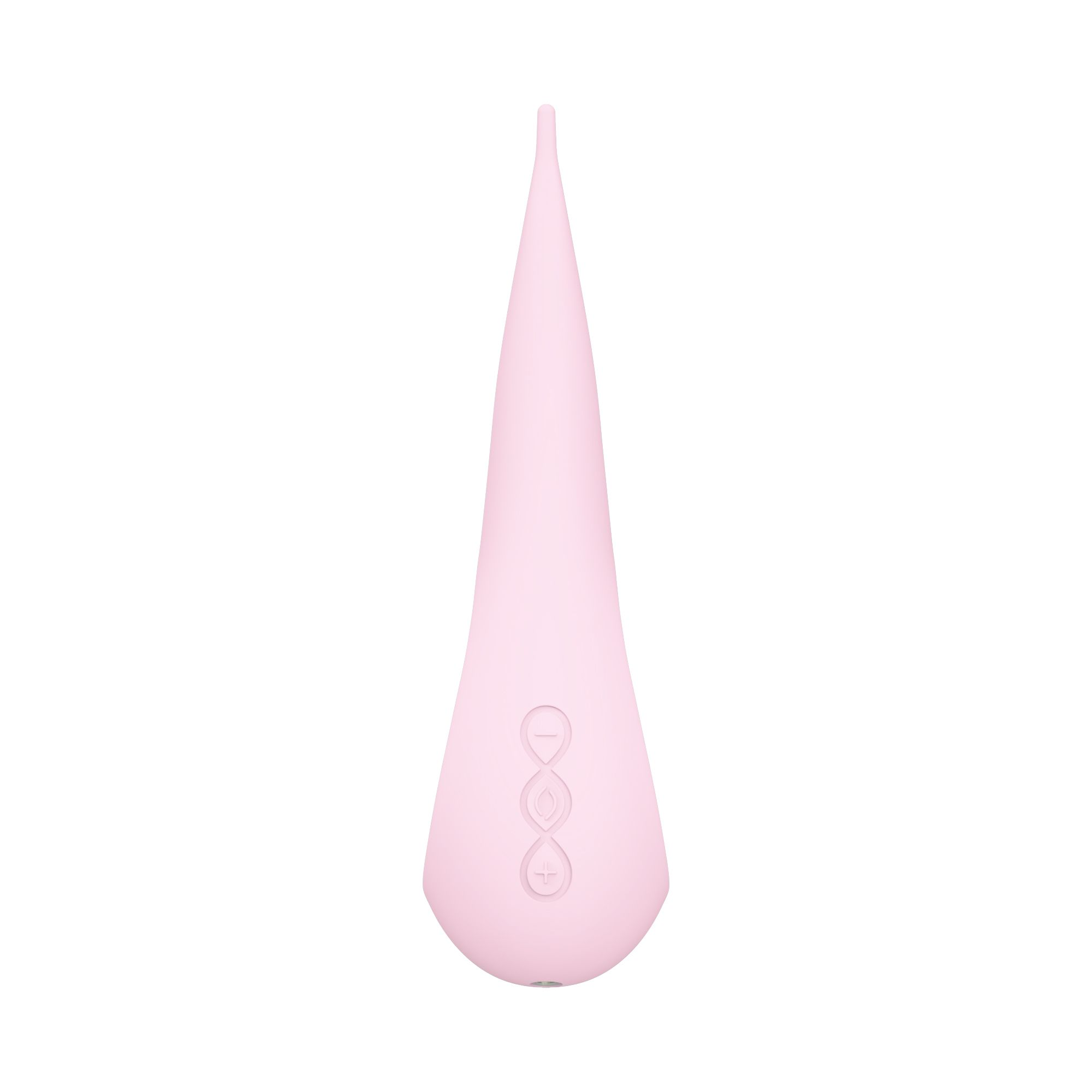 Un dispositivo de bienestar rosa alargado con punta y botones de control sobre fondo blanco.