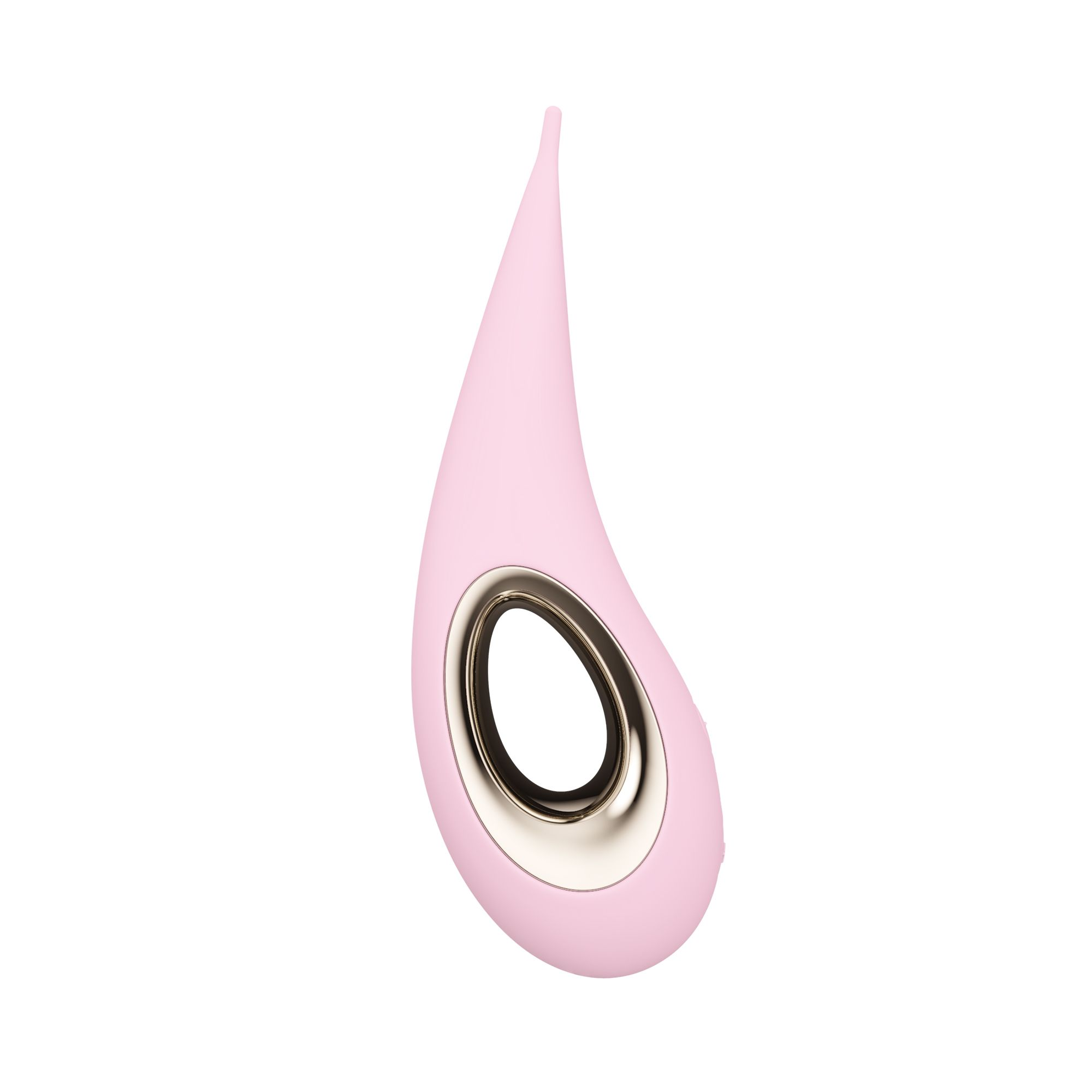 Un dispositivo de bienestar rosa en forma de lágrima con un anillo dorado sobre fondo blanco.