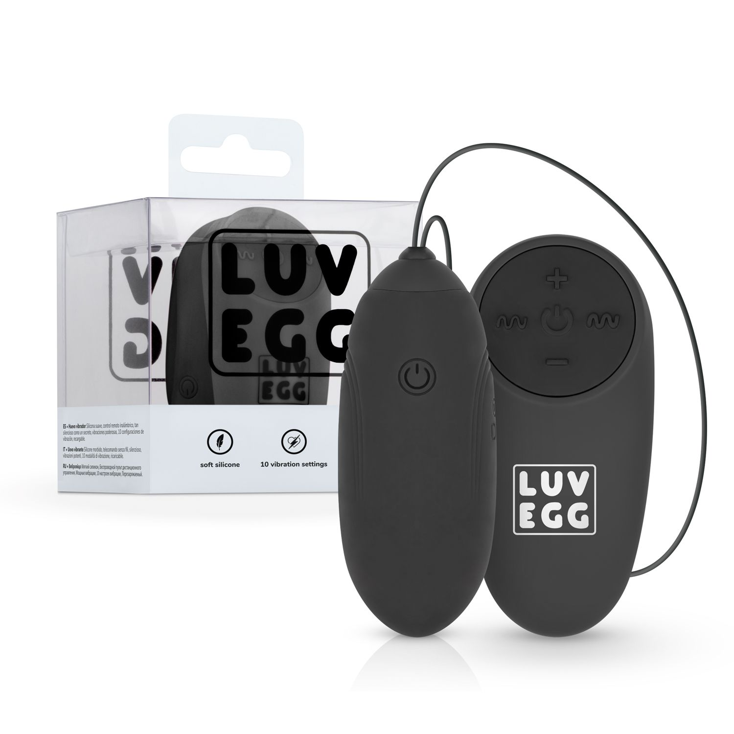 Ein schwarzer Luv Egg Vibrator mit Fernbedienung in einer Klarsichtbox. Merkmale sind weiches Silikon und 10 Vibrationseinstellungen.