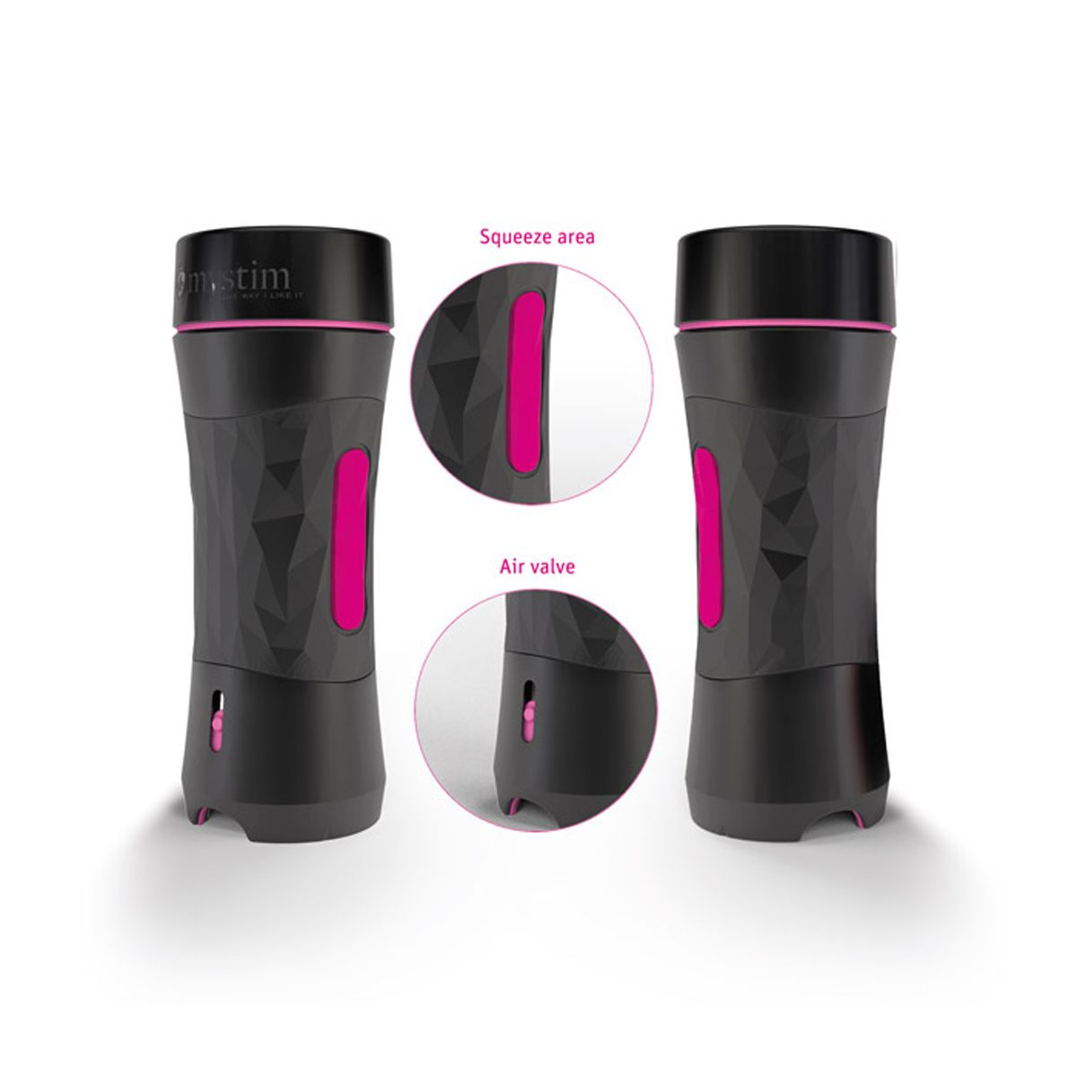 Zwei schwarze und rosa Sexspielzeuge nebeneinander. Jedes hat rosa Akzente und einen Quetschbereich, mit dem Text 'omstim'.