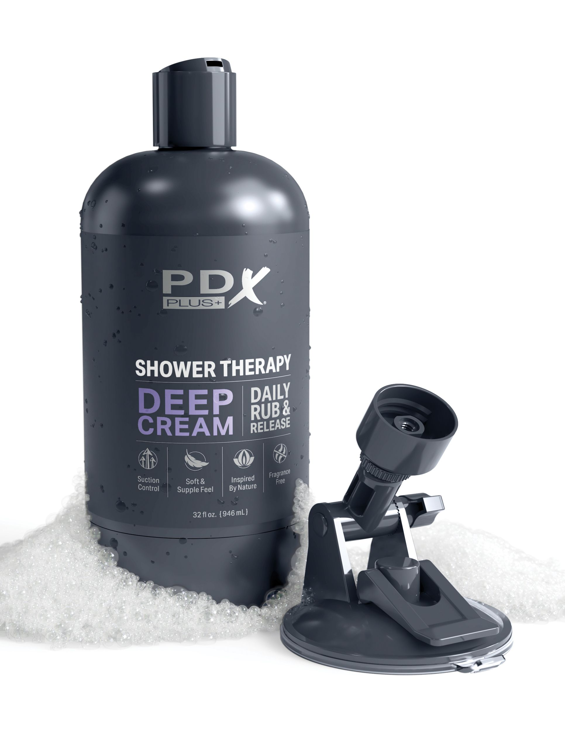 Eine Flasche PDX-Duschtherapie mit einem Reinigungswerkzeug auf weißer Oberfläche.