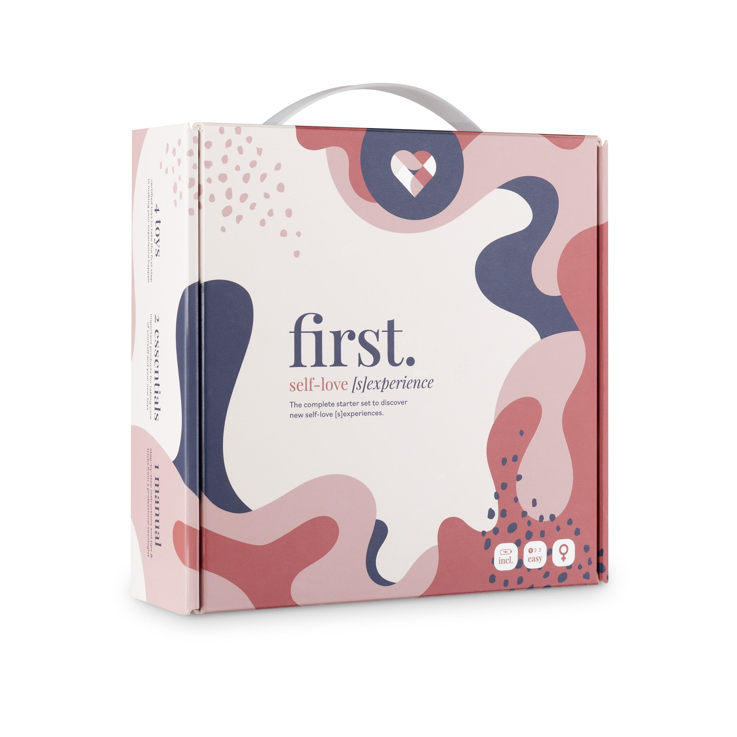 Kiste mit weißem Griff, rosa, blauem und weißem abstraktem Design. Text: 'first', 'self-love experience'.