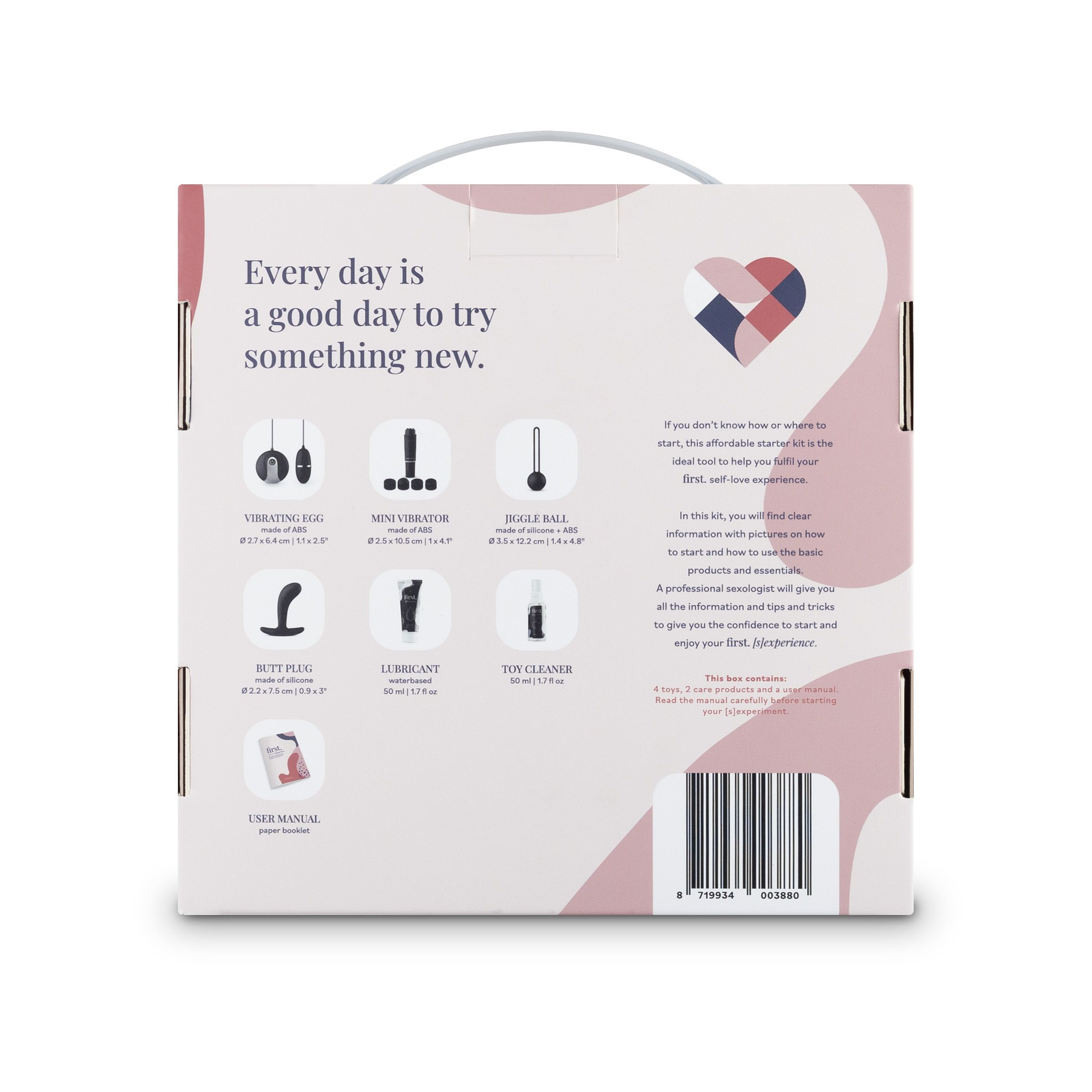 Das Bild zeigt ein Starter-Kit für Selbstliebe mit Spielzeug, Gleitmittel, Reiniger und einer Bedienungsanleitung. Rosa und weißer Hintergrund.