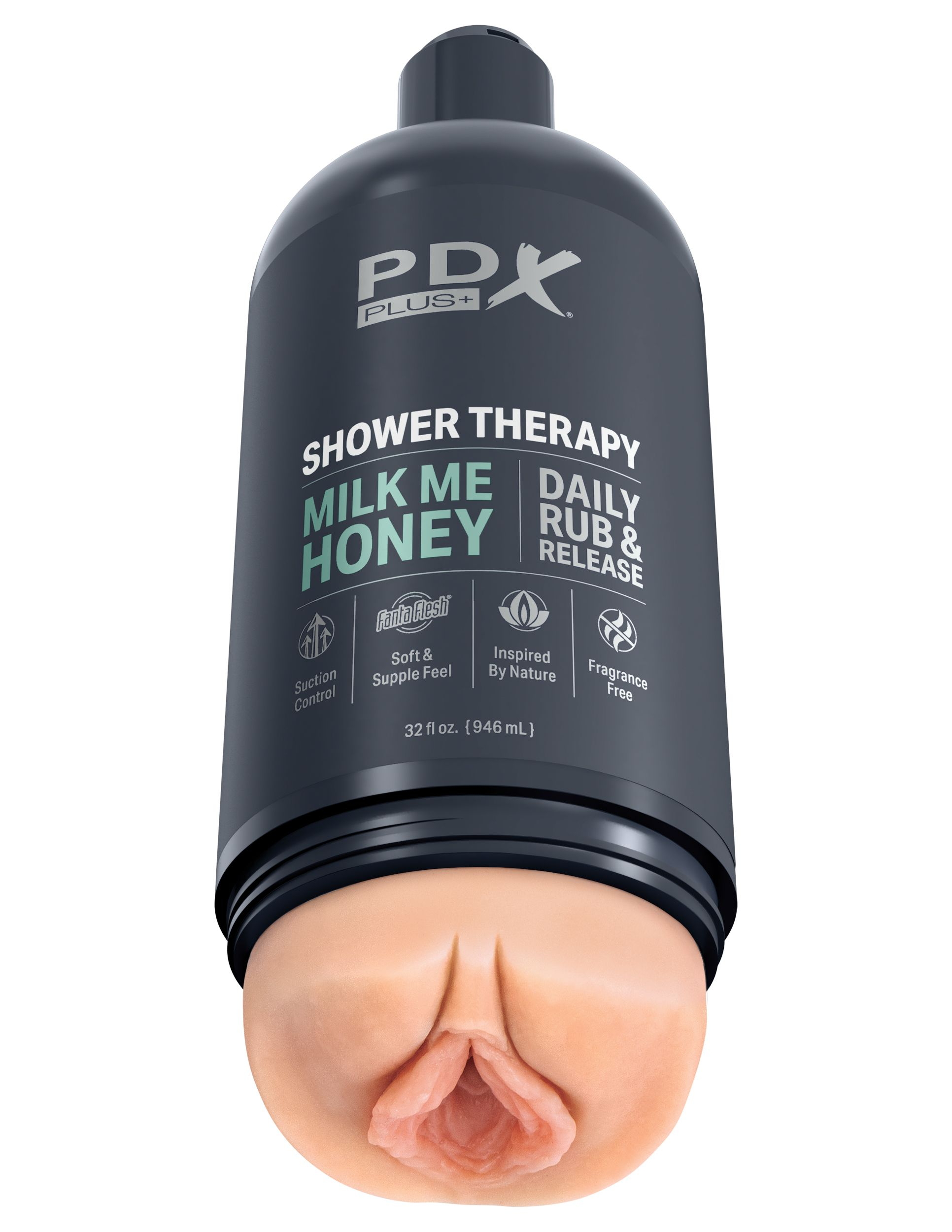 Eine dunkle Flasche mit dem Text 'MILK ME HONEY' und einer fleischfarbenen Öffnung.
