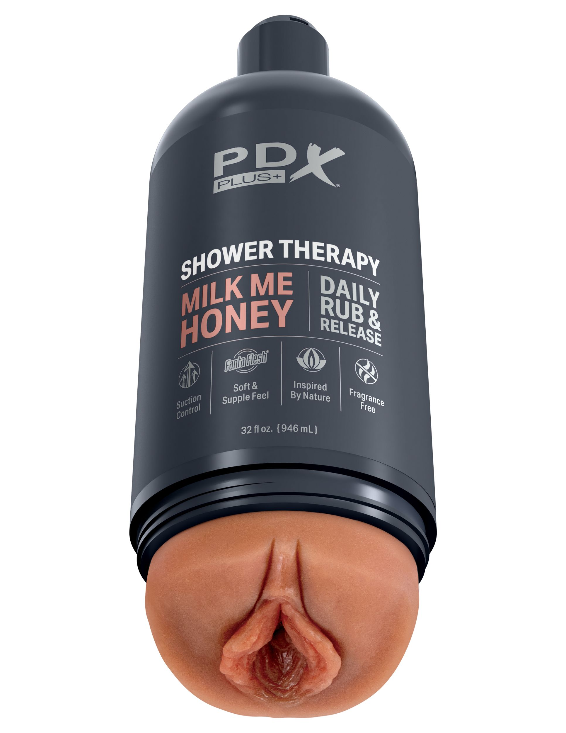 Ein graues Produktbehältnis mit der Aufschrift Shower Therapy Milk Me Honey und einem realistischen Einsatz.
