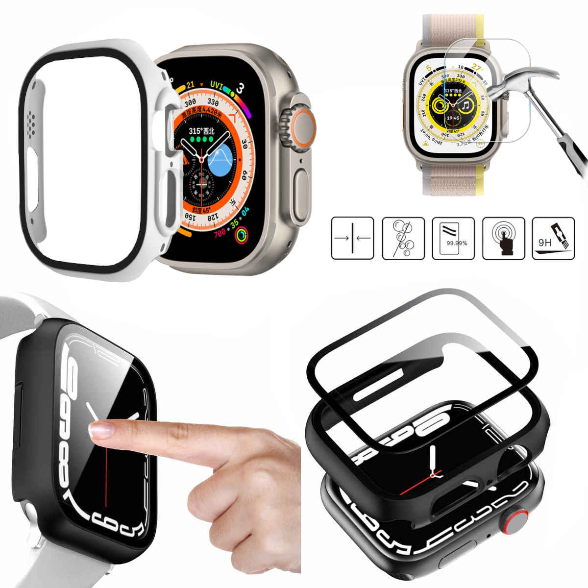 Apple Watch mit Schutzhüllen und Displayschutzfolien, verschiedene Schutzelemente zeigend.