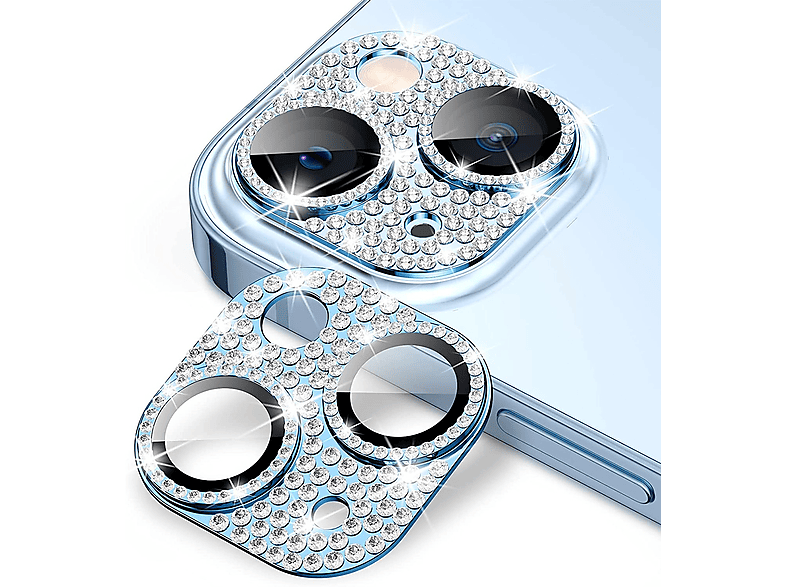 BONVAN Protezione Fotocamera Con Strass Per IPhone 15 / 15 Plus - Bordo In Metallo E Cristallo, Vetro Temperato (Argento)