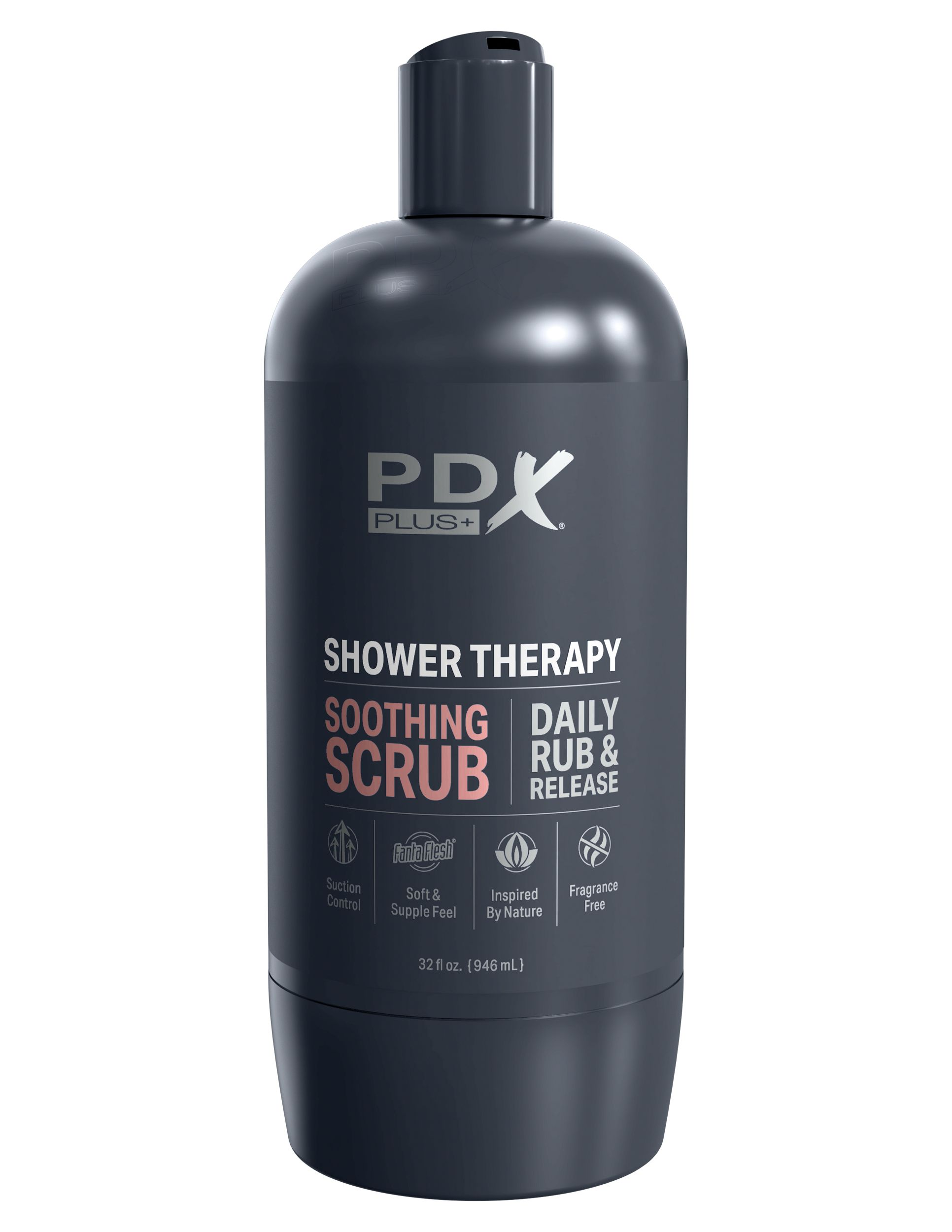 Eine graue Flasche PDX Shower Therapy Soothing Scrub, 946 ml.