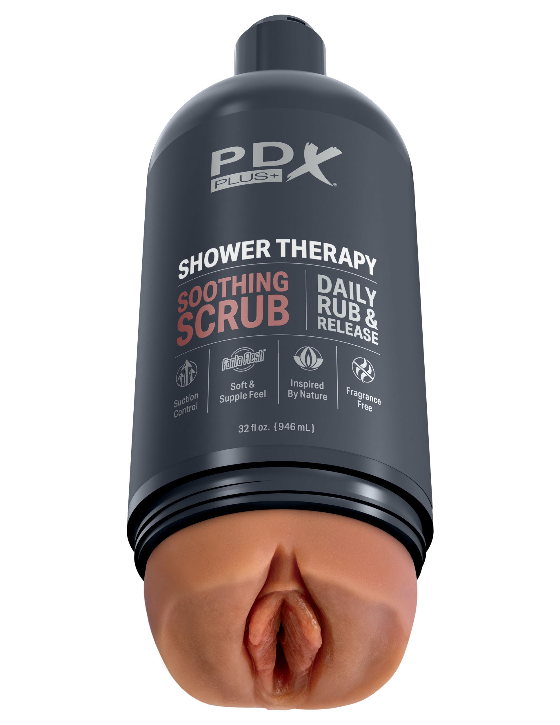Eine graue Flasche mit der Aufschrift 'PDX Shower Therapy' und einem texturierten, hautfarbenen Einsatz unten.
