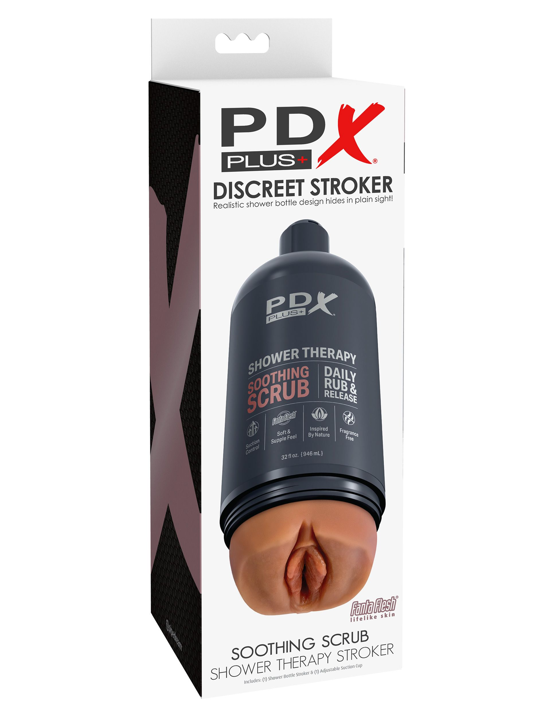 PDX Plus Diskret Stroker Produktverpackung mit Duschflaschendesign und Vaginastruktur.