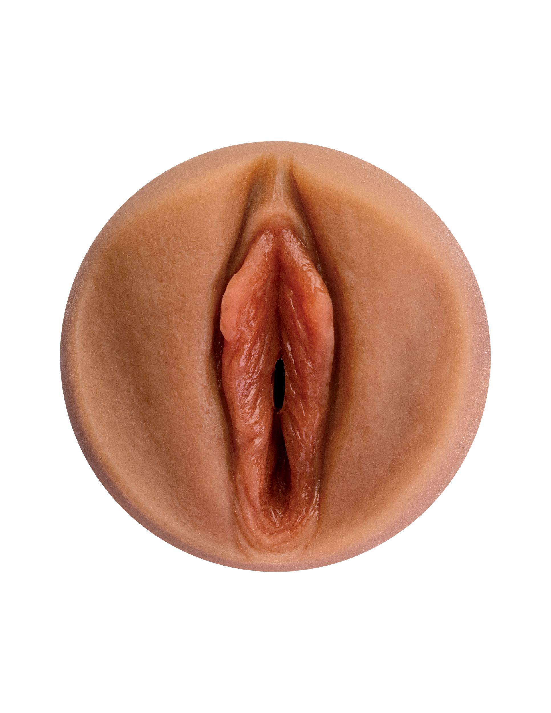 Ein kreisrundes, hautfarbenes Erotikspielzeug mit realistischen rosa anatomischen Merkmalen auf weißem Grund.
