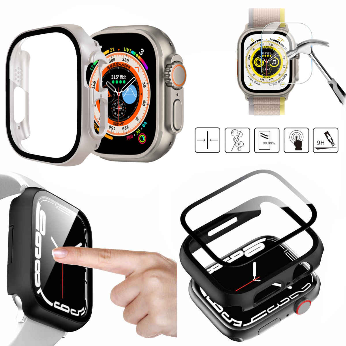 Apple Watch mit Schutzhüllen. Zeigt Zifferblätter und Gehäuseinstallation sowie Schutzfunktionen.