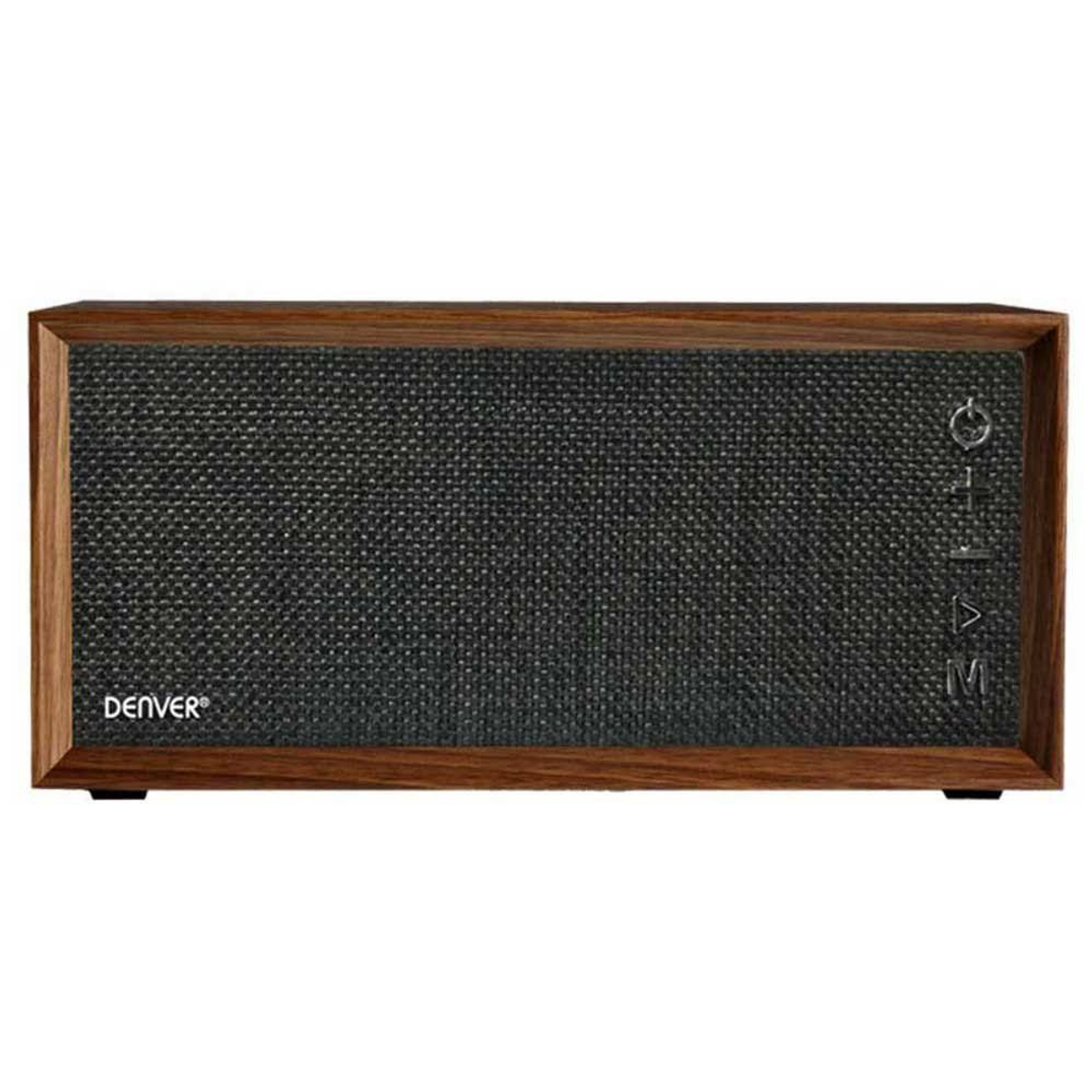 Altavoz de madera marrón con frontal de malla negra. Fondo blanco.