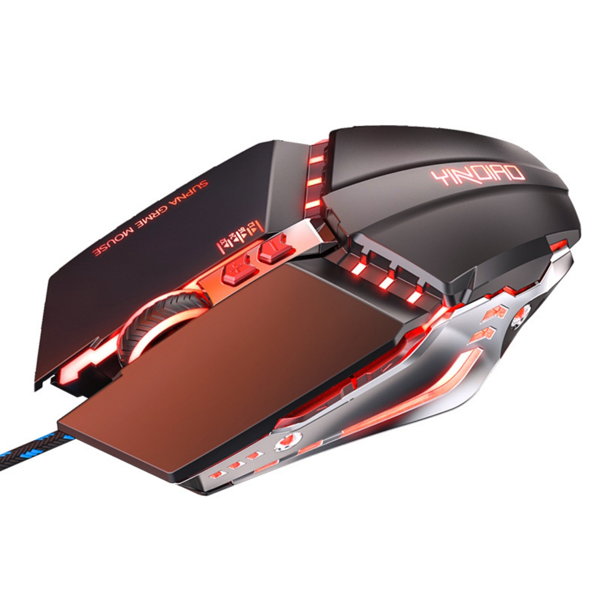 Schwarze und rote Gaming-Maus. Es hat viele Knöpfe und Lichter.