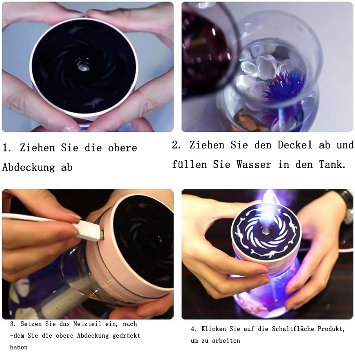 Vierteiliges Bild, das die Schritte zur Verwendung eines Produkts zeigt: öffnen, mit Wasser füllen, USB einstecken, bedienen.