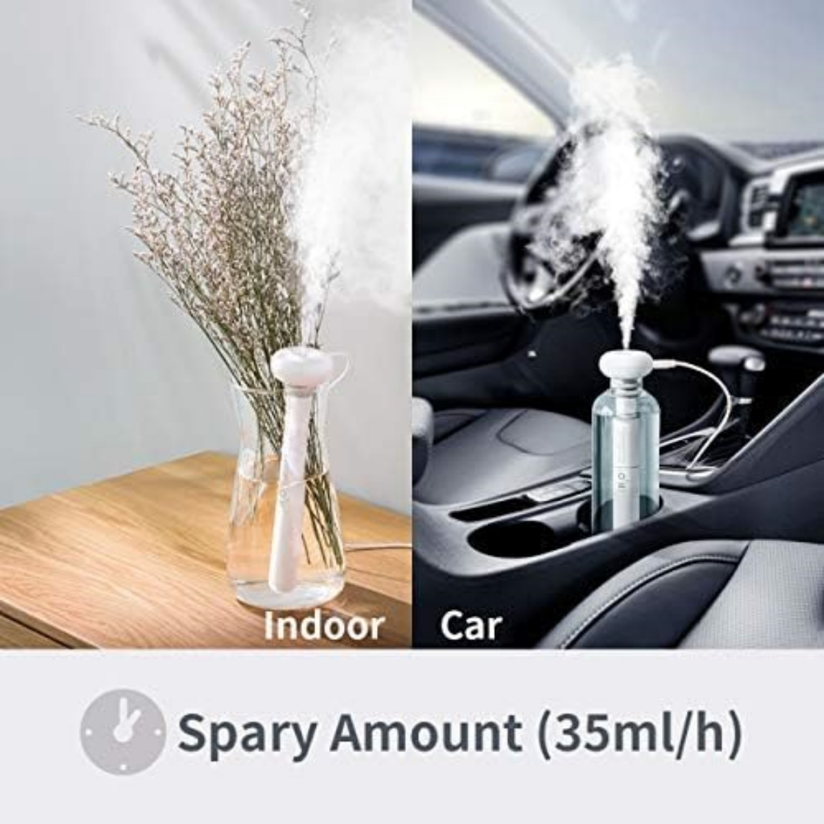 Luftbefeuchter mit Dampf, platziert in einem Auto. Links ist eine Vase mit Blumen zu sehen.