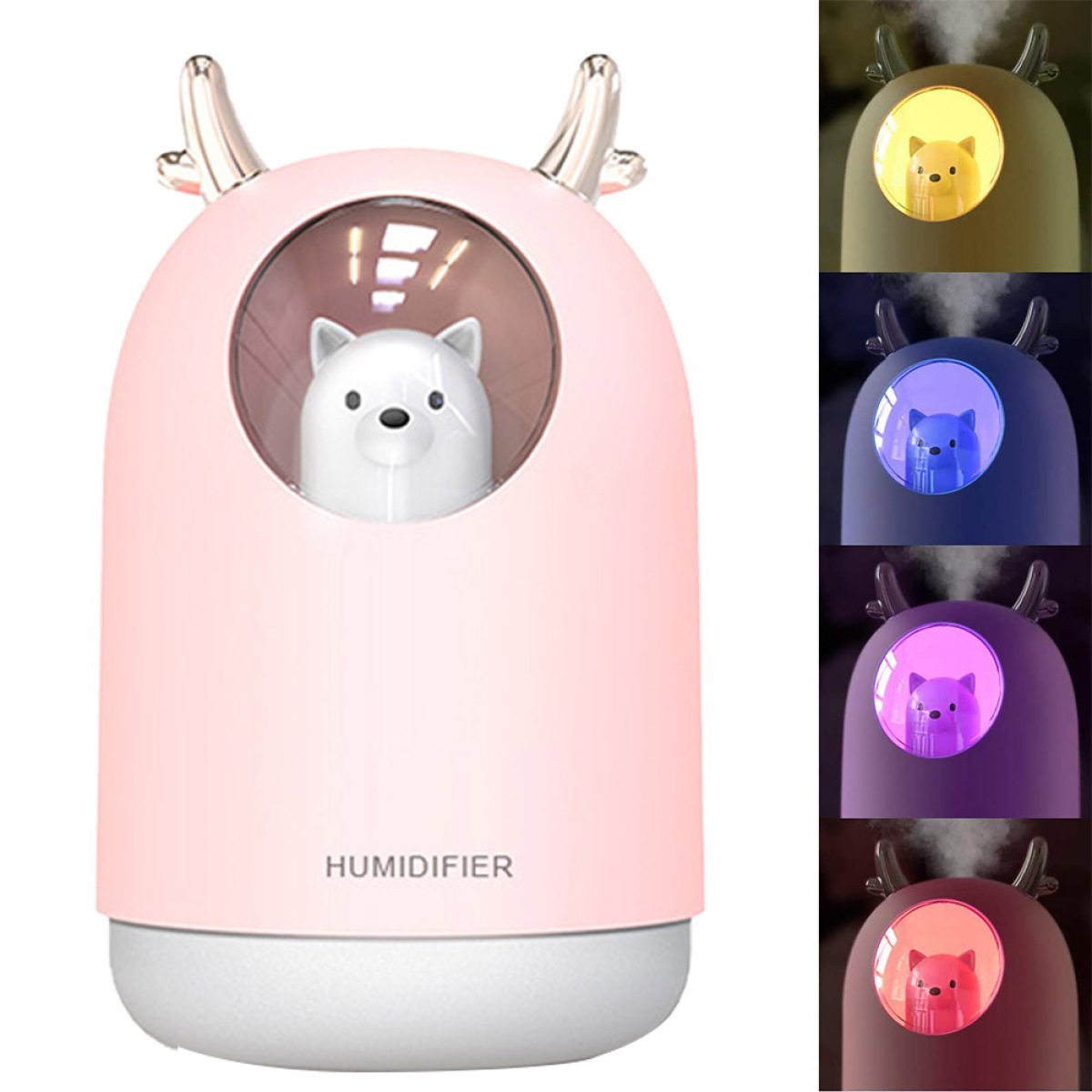 Ein rosa Luftbefeuchter mit einem Bären im Inneren und Lichtern drumherum. Es zeigt verschiedene Lichtfarben.