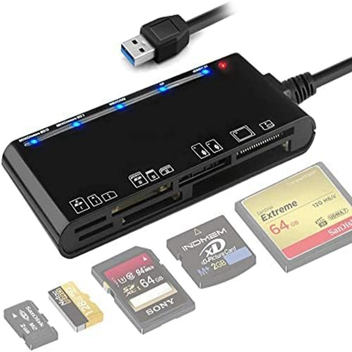 Schwarzer Kartenleser mit verschiedenen Kartensteckplätzen und USB-Kabel.