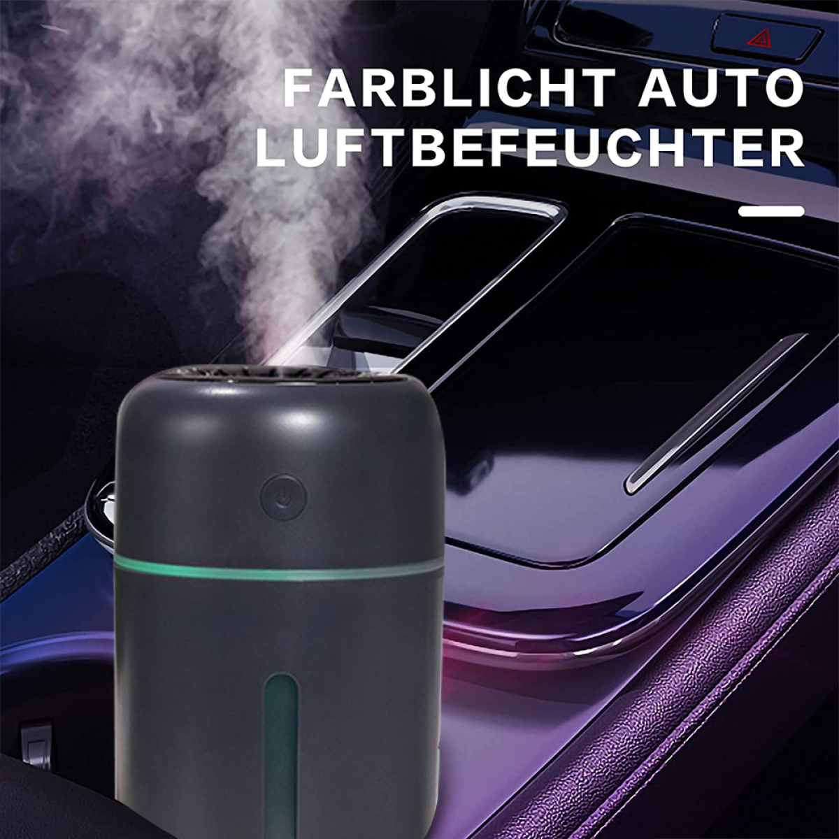 Schwarzer Auto-Luftbefeuchter, mit Dampf und den Worten 'FARBLICH AUTO LUFTBEFEUCHTER'.