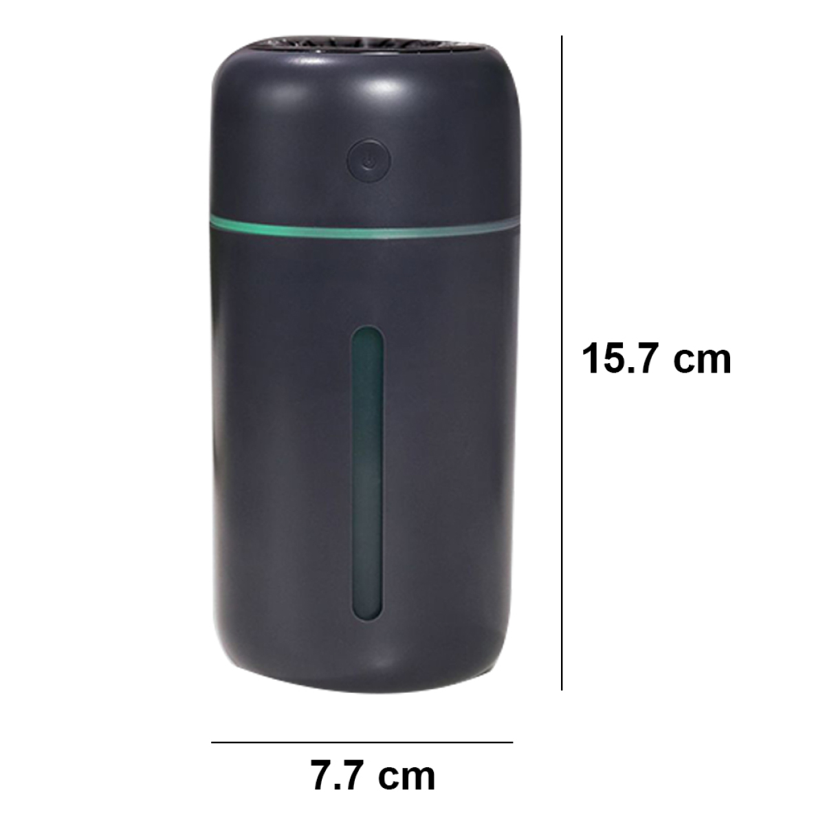Ein dunkelgrauer Luftbefeuchter mit grünem Licht und den Maßen 15,7 cm hoch und 7,7 cm breit.
