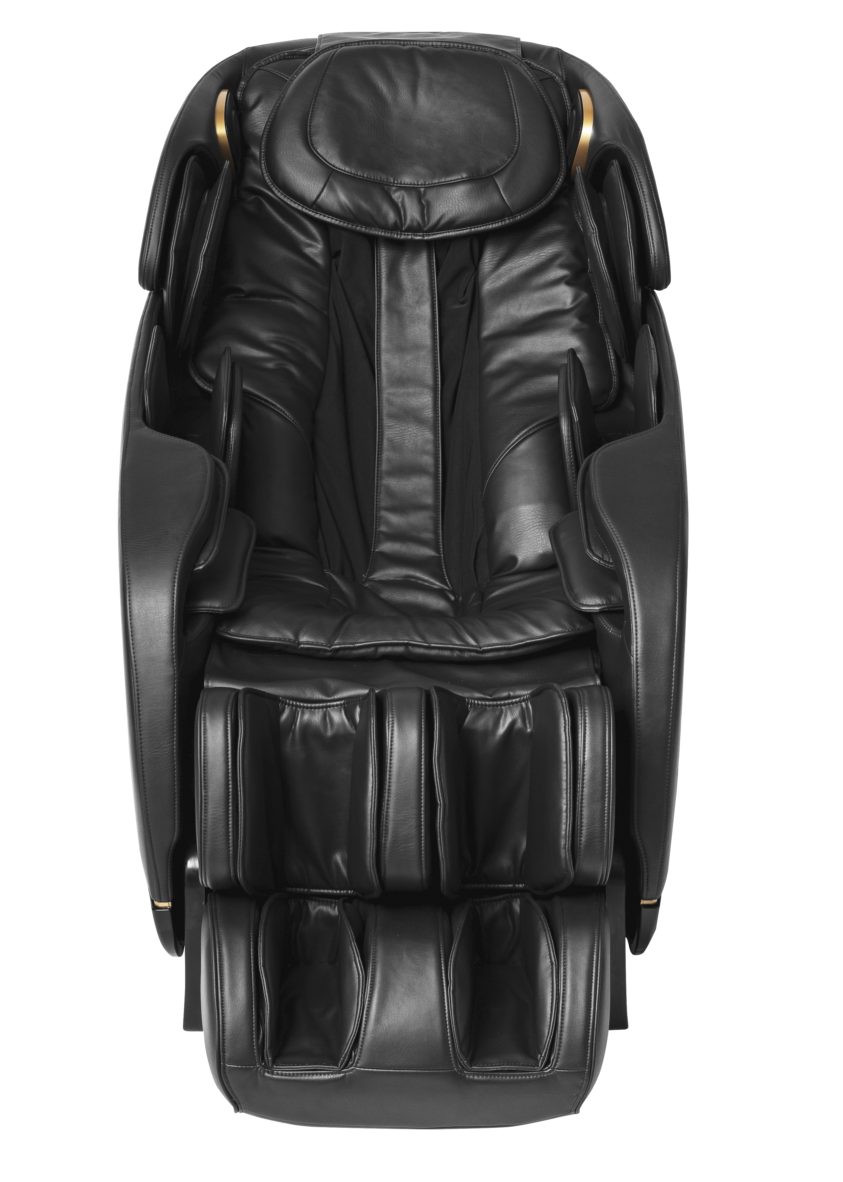 Black leather massage chair, fully reclined, on white background.
