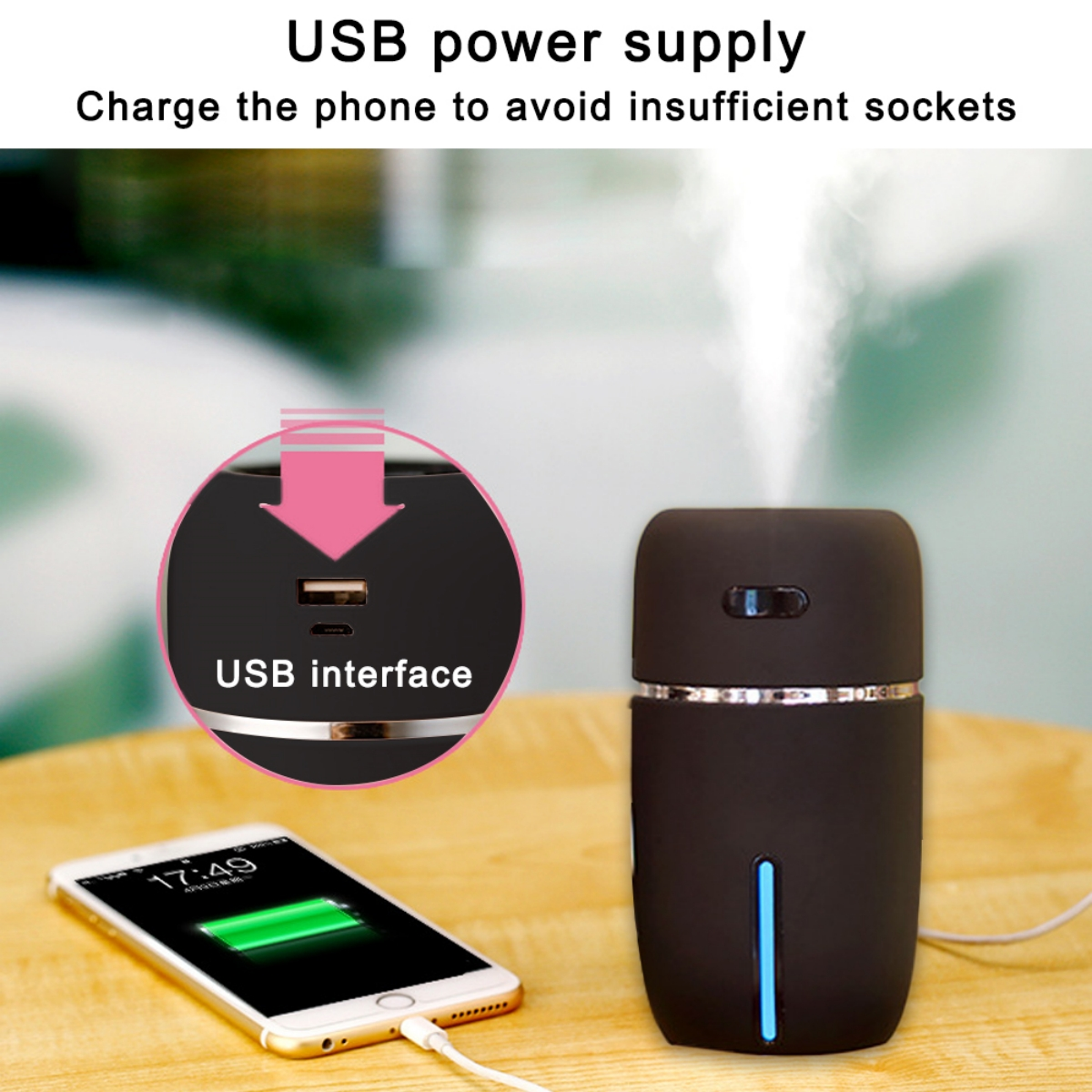 Ein schwarzer Luftbefeuchter und ein weißes Telefon, das geladen wird. Ein rosa Pfeil zeigt auf die USB-Schnittstelle des Luftbefeuchters.