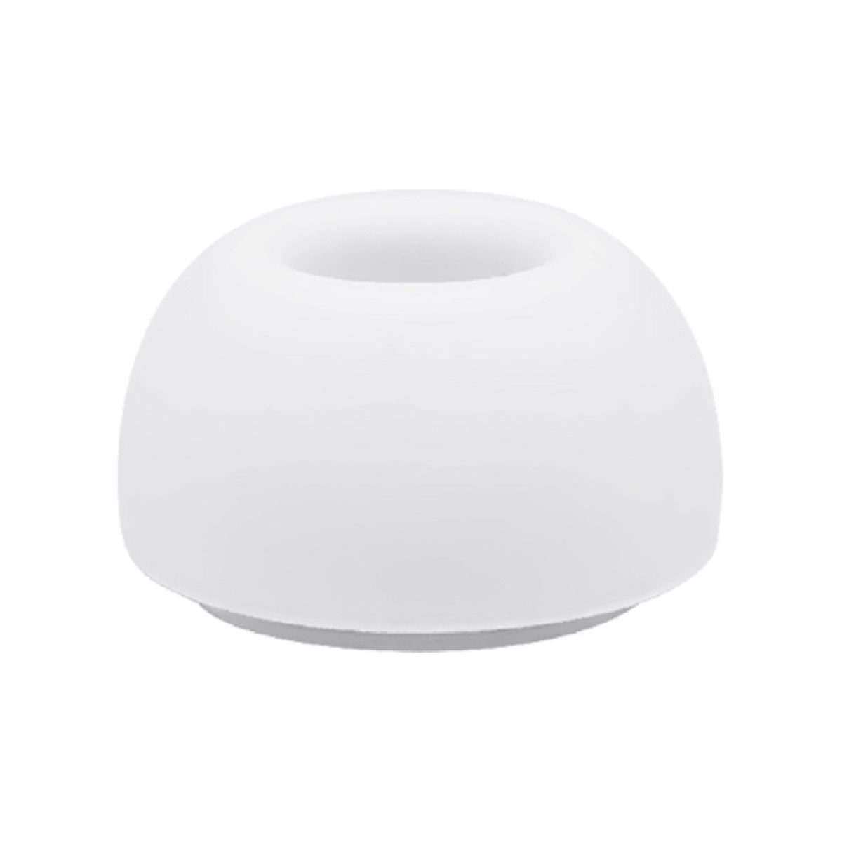 Biała końcówka douszna, zaokrąglony kształt. Białe tło.