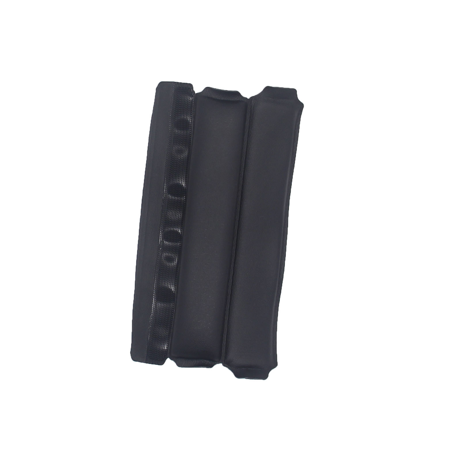 Czarny, wyściełany pokrowiec na tablet z trzema pionowymi sekcjami i paskiem na rzep.