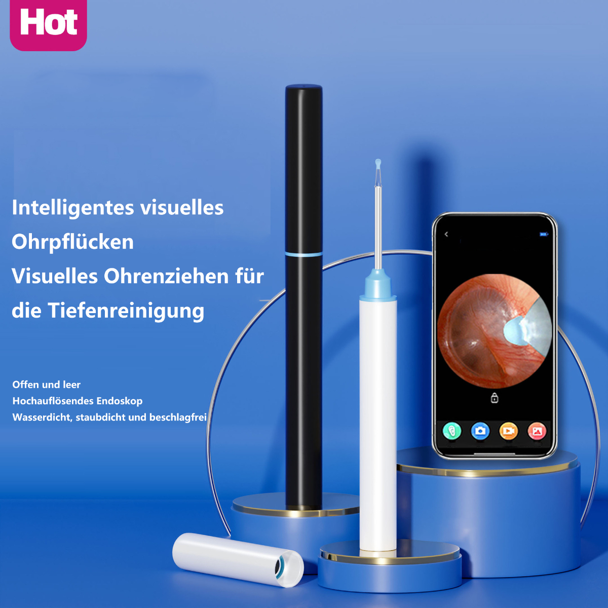 Ohrenreinigungswerkzeuge auf blauem Hintergrund. Enthält Telefon mit Ohrenbild und Text auf Deutsch.