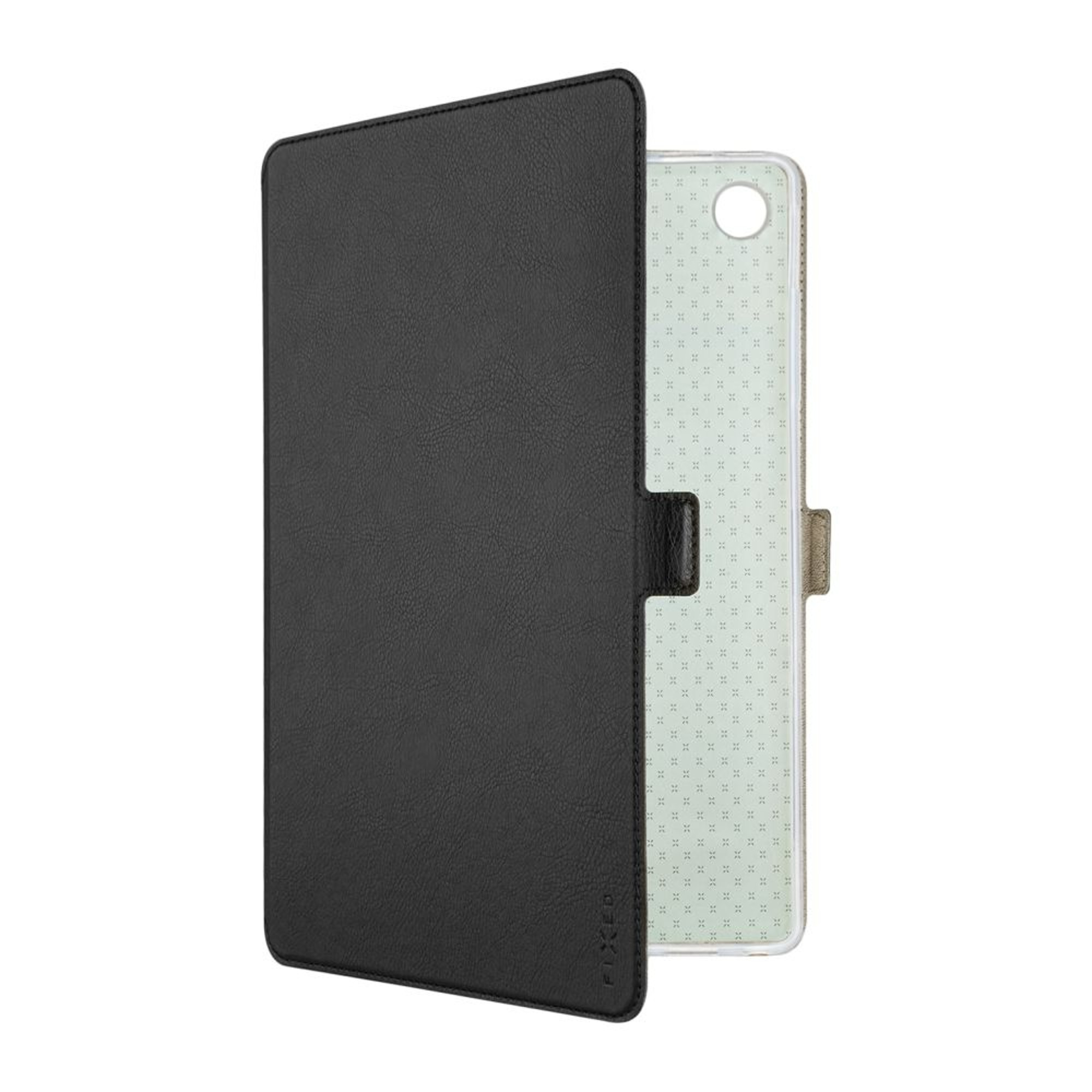Geöffnete schwarze Tablethülle, die das Tablet innen zeigt. Die Hülle ist mit "FIXED" markiert.