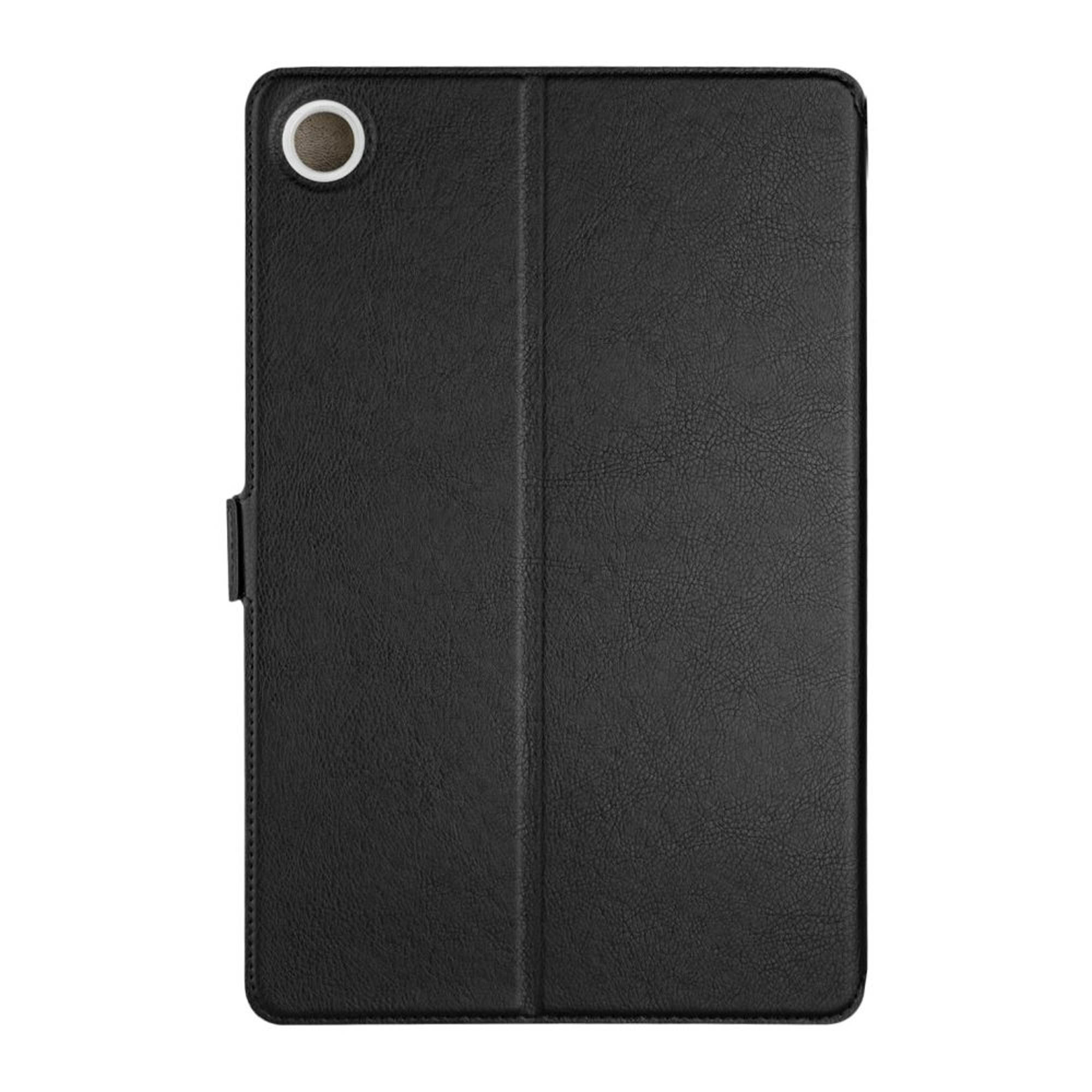 Eine schwarze Tablet-Hülle mit geschlossenem Frontdeckel und einem Kameraloch in der oberen linken Ecke.