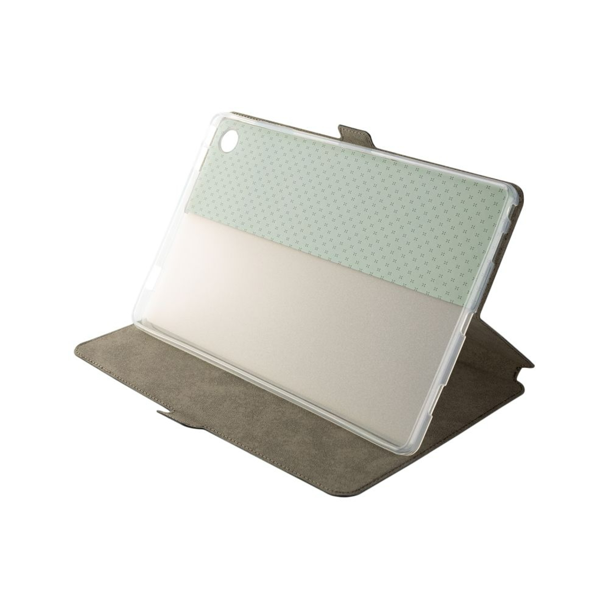 Tablet in einer Hülle, offen. Die Hülle ist braun, das Tablet ist durchsichtig mit einem hellgrünen Muster.