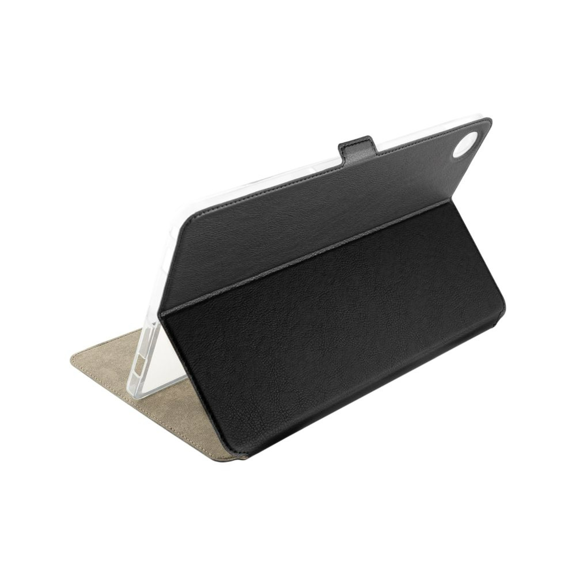 Schwarze Tablet-Hülle in Ständerposition. Zeigt das Tablet in einer Hülle, wobei die Hülle geöffnet und angewinkelt ist.