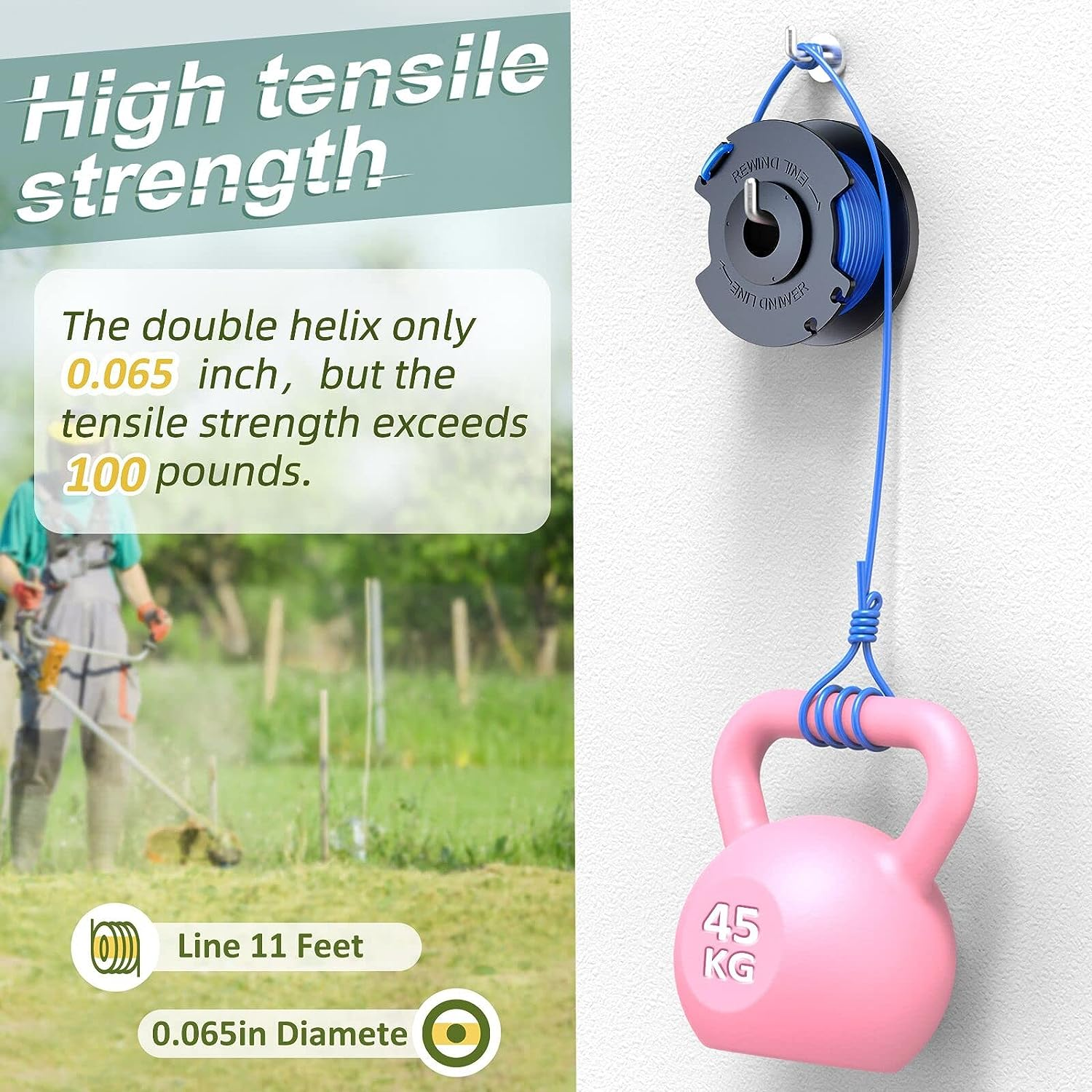 Eine pinke Kettlebell hängt an einem blauen Seil von einer schwarzen Spule an einer weißen Wand.