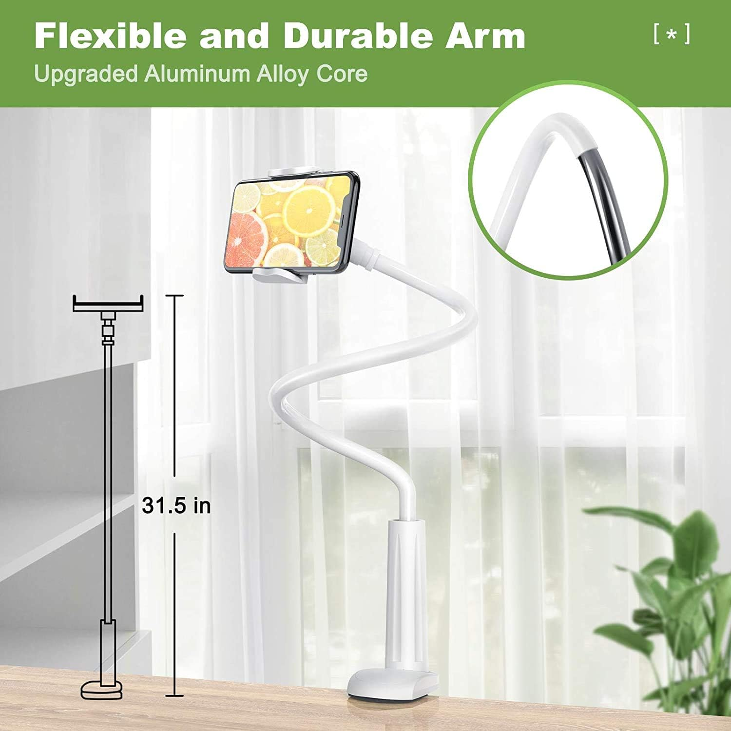 Ein flexibler Tablethalter mit Tablet, das Früchte zeigt. Der Halter ist weiß, der Hintergrund ist ein Fenster.