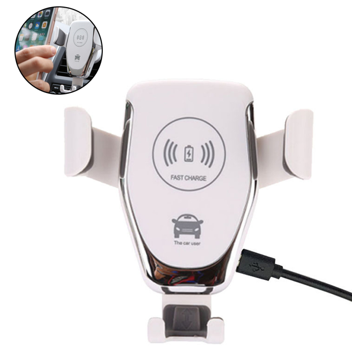 Weißer und silberner Autotelefonhalter. Ein Telefon zeigt die Ladeanzeige. Schwarzes USB-Kabel.