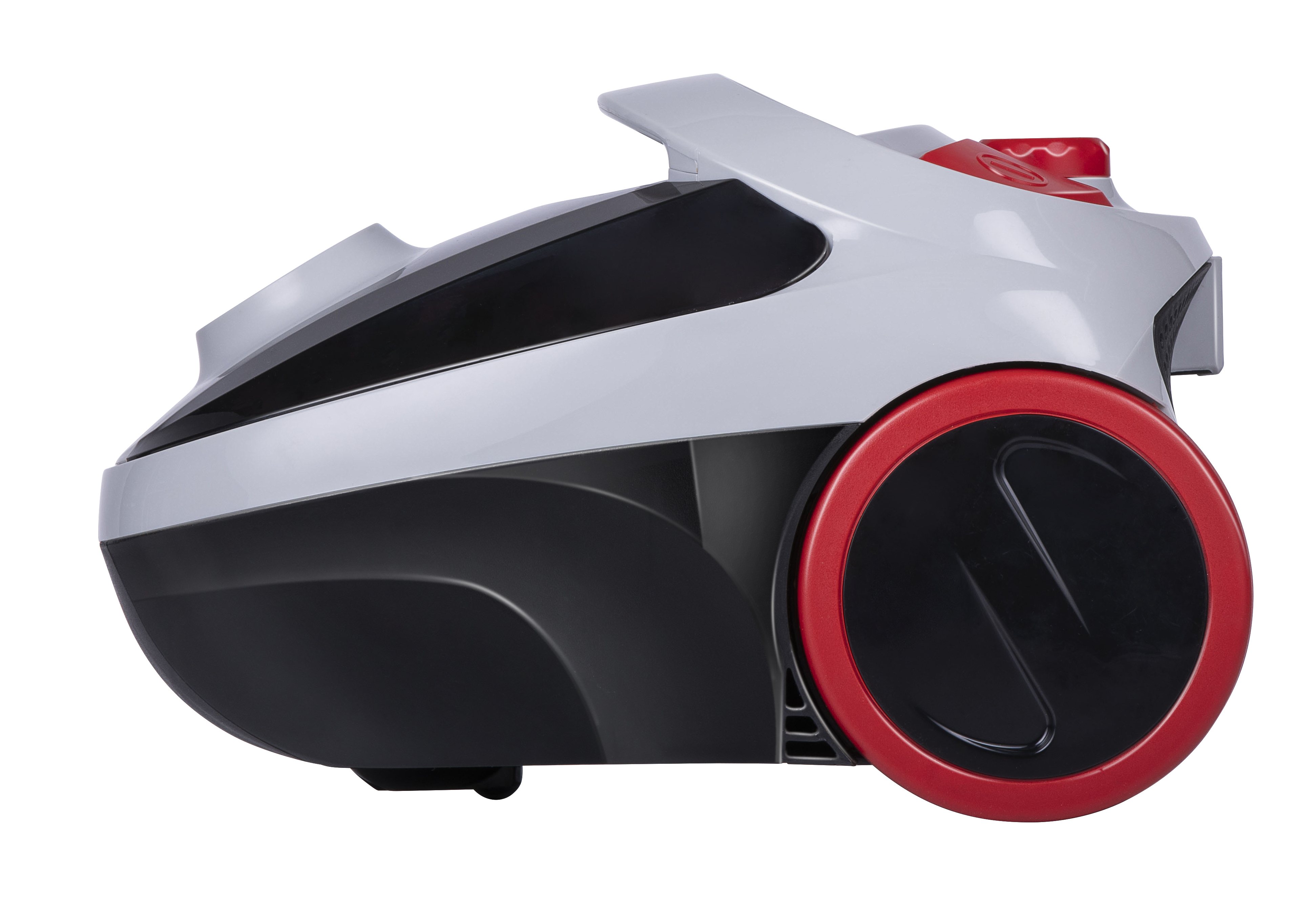 Aspirateur blanc et noir. Accents et roue rouges. Vue latérale.