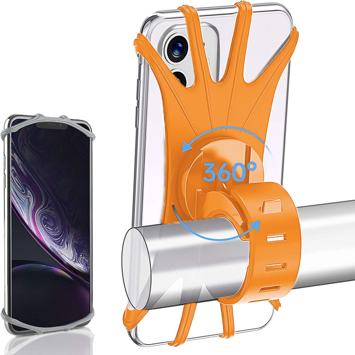 Orangener Telefonhalter an einer Stange, mit einem anderen Telefon in grauem Halter links.