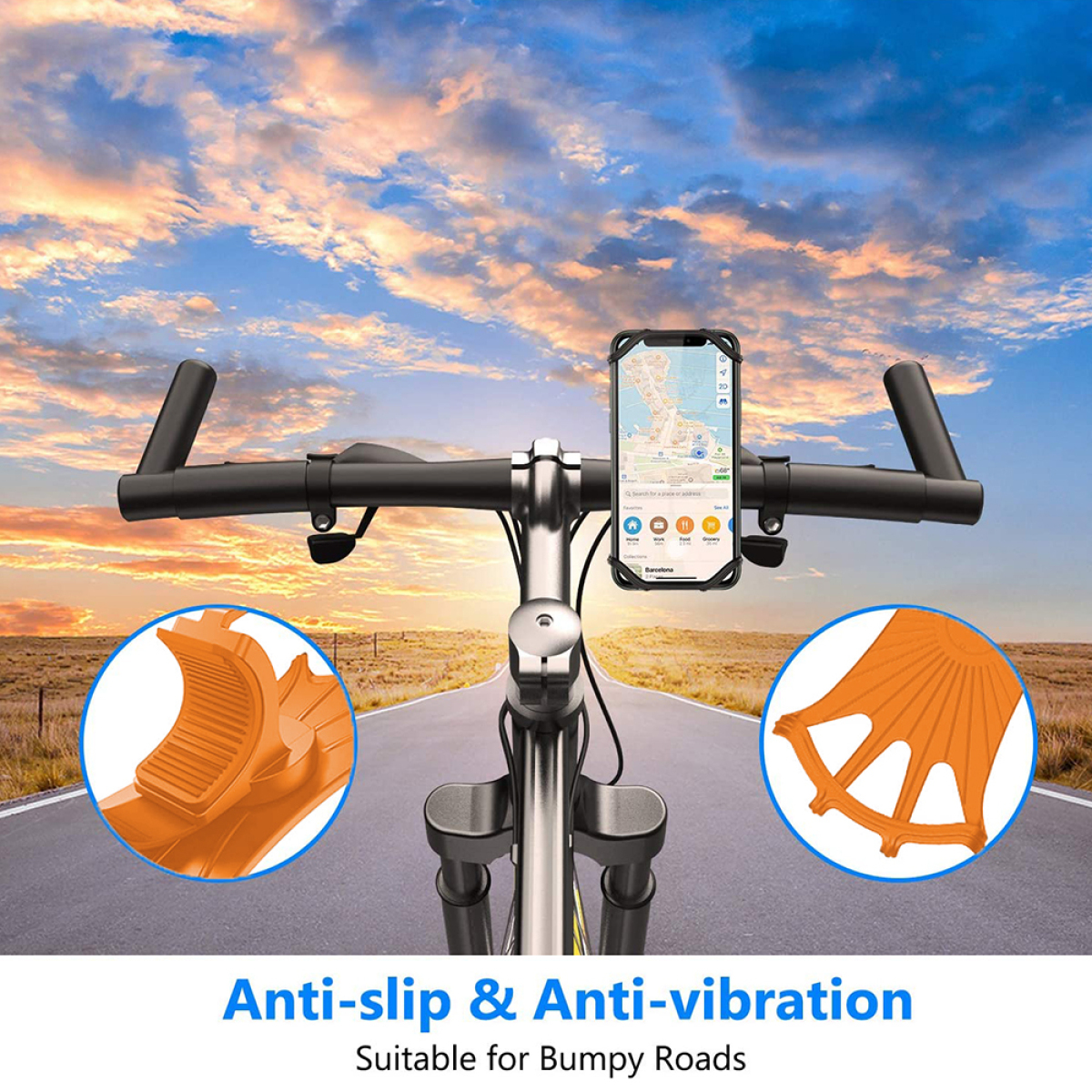 Fahrrad mit Telefonhalterung, rutschfest und vibrationshemmend auf der Straße.