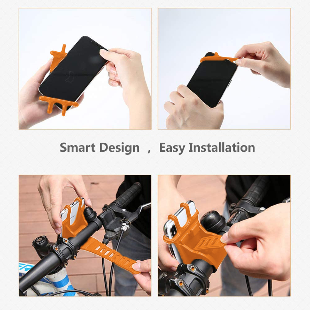 Vier Bilder zeigen ein Telefon, das mit einer orangefarbenen Halterung an einem Fahrradlenker befestigt ist. Einfache Installation wird gezeigt.