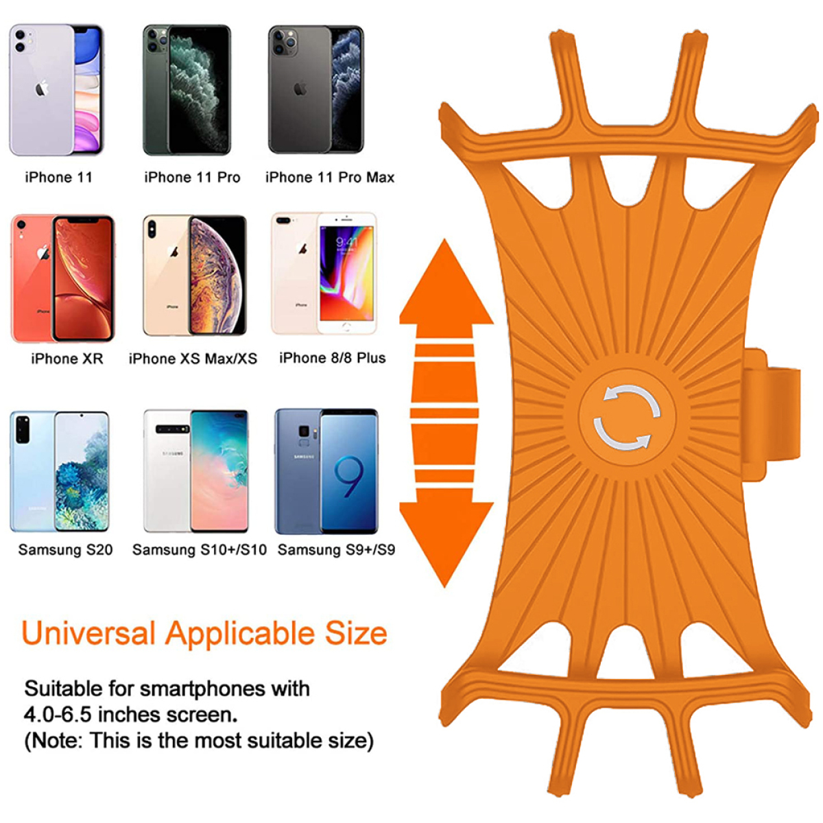 Eine Halterung für ein Smartphone. Die Halterung ist orange und passt für mehrere Telefonmodelle.