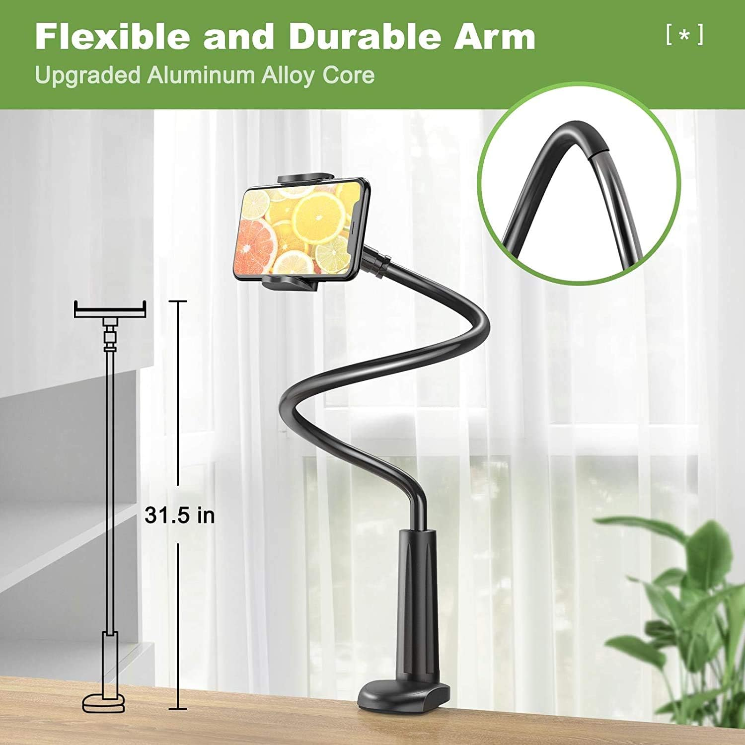 Schwarzer Handy-Ständer mit flexiblem Arm. Telefon mit farbigem Bild auf dem Bildschirm montiert.
