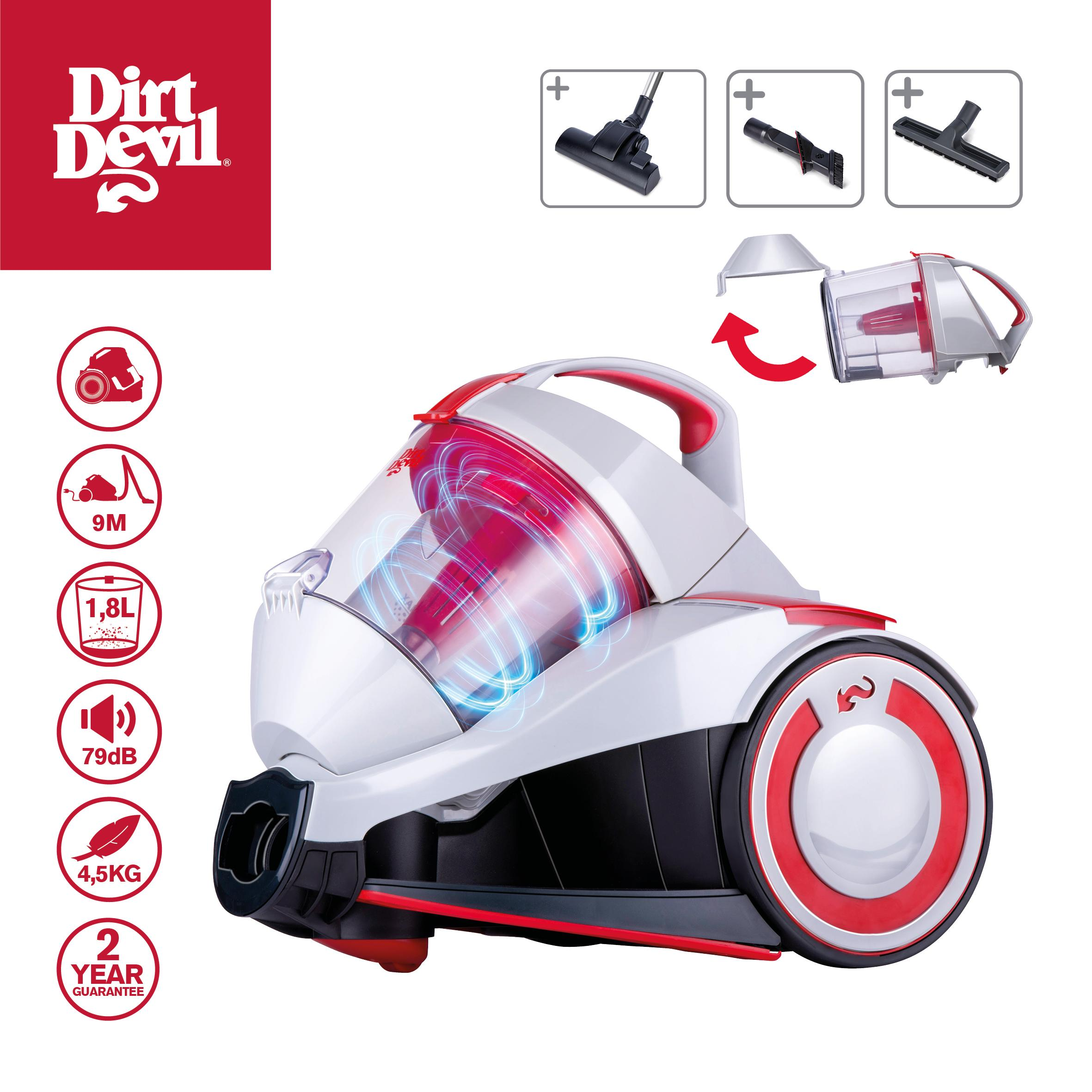 Un aspirapolvere bianco e rosso con accessori. Un logo "Dirt Devil" in alto a sinistra.