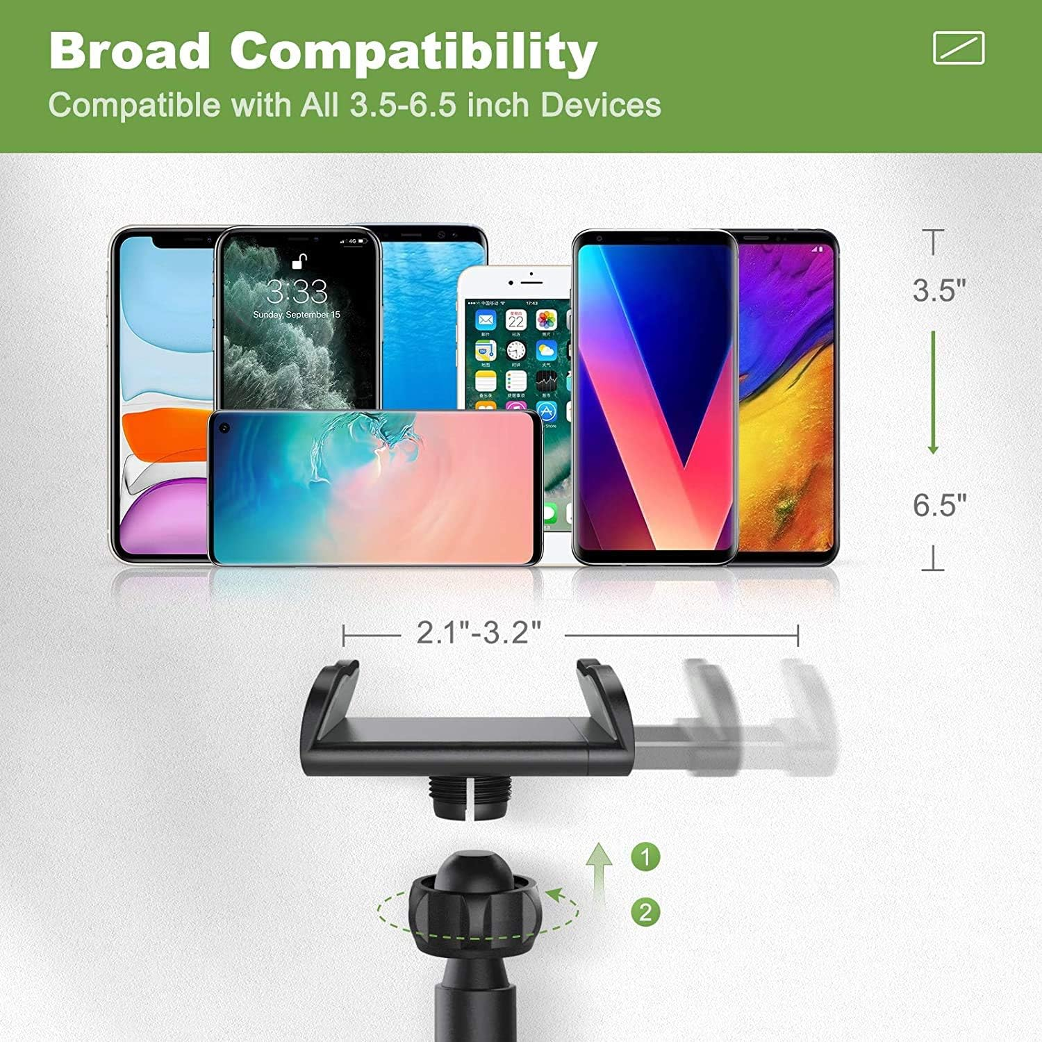 Telefonhalter mit Telefonen im Hintergrund. Zeigt Kompatibilität mit 3,5-6,5 Zoll Geräten.