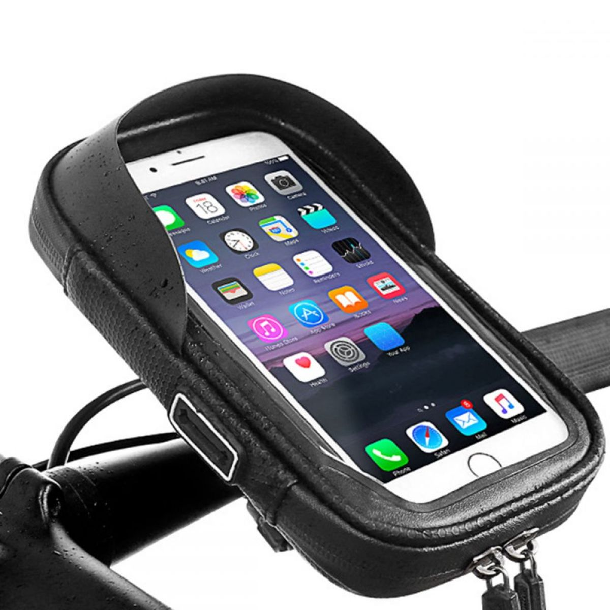 Schwarze Telefonhülle an einem Fahrradlenker, die ein Smartphone mit sichtbaren Apps hält.