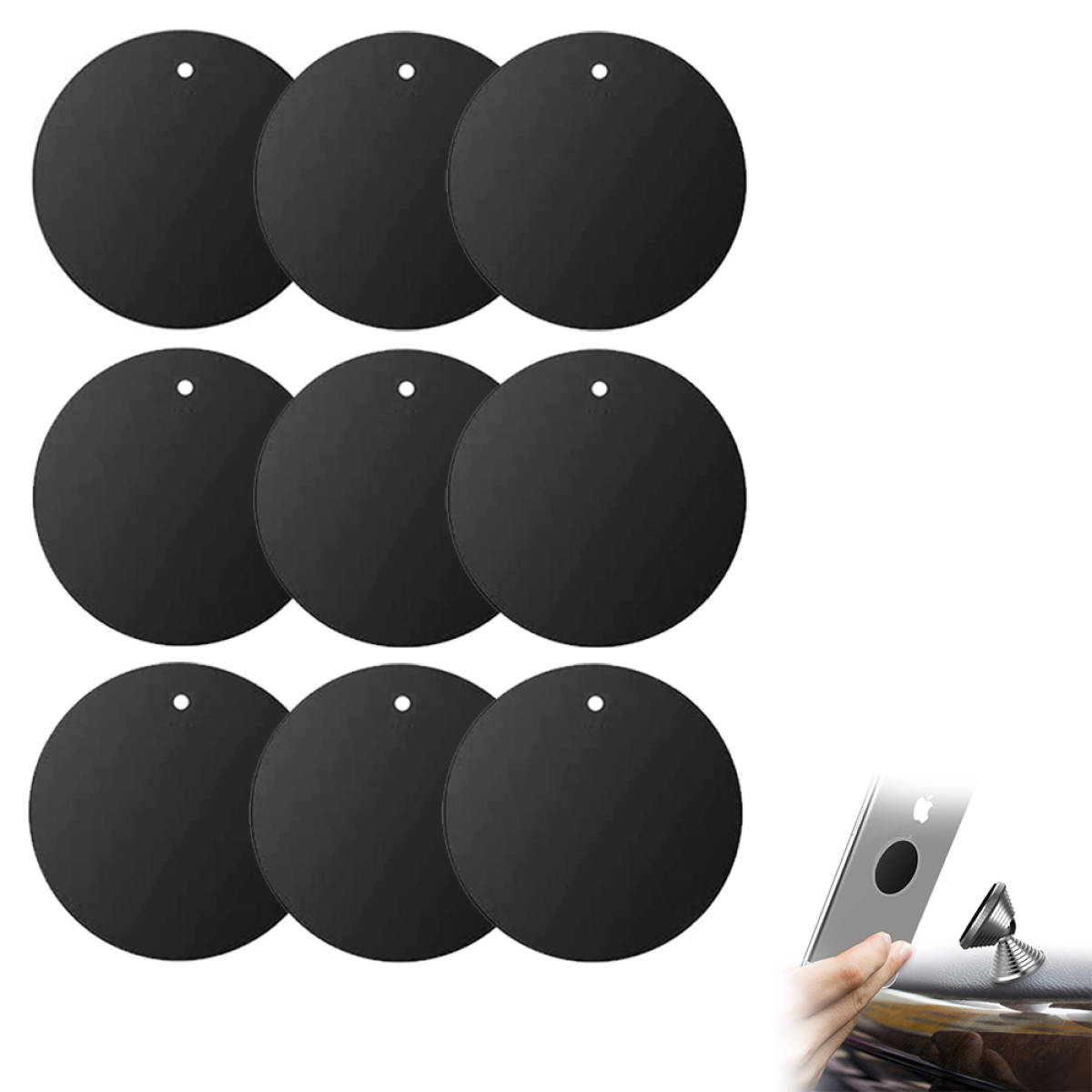 Schwarze magnetische Autotelefonhalter und ein Telefon mit Magnetbefestigung.