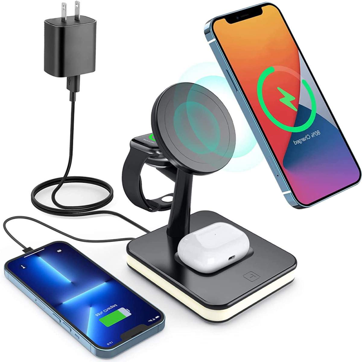 Kabellose Ladestation mit Telefon, Uhr und Ohrhörern, die gleichzeitig geladen werden. Ein Ladegerät ist angeschlossen.