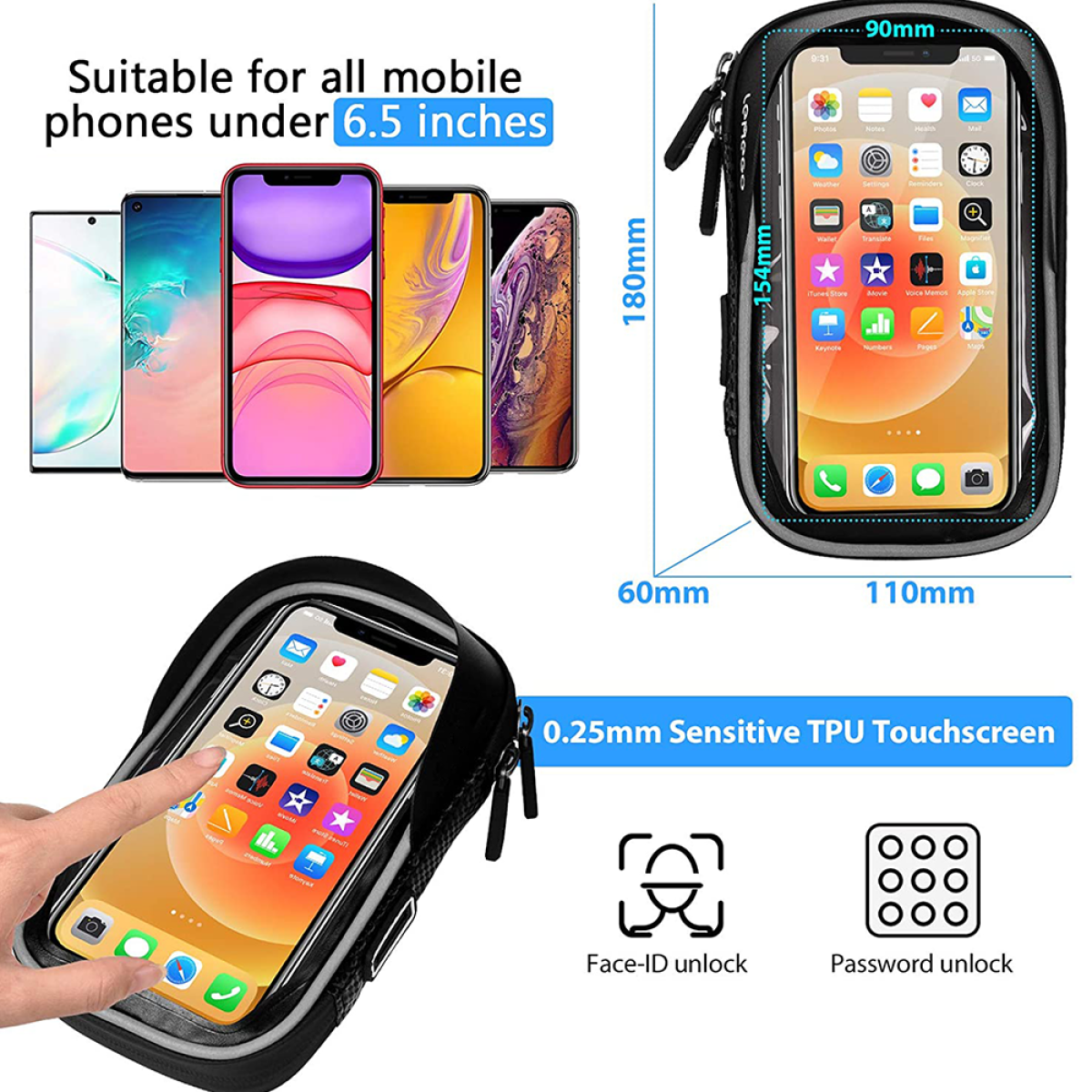 Eine schwarze Handyhülle mit einem Telefon darin und eine Hand, die den Bildschirm berührt. Telefone und Maße sind angegeben.